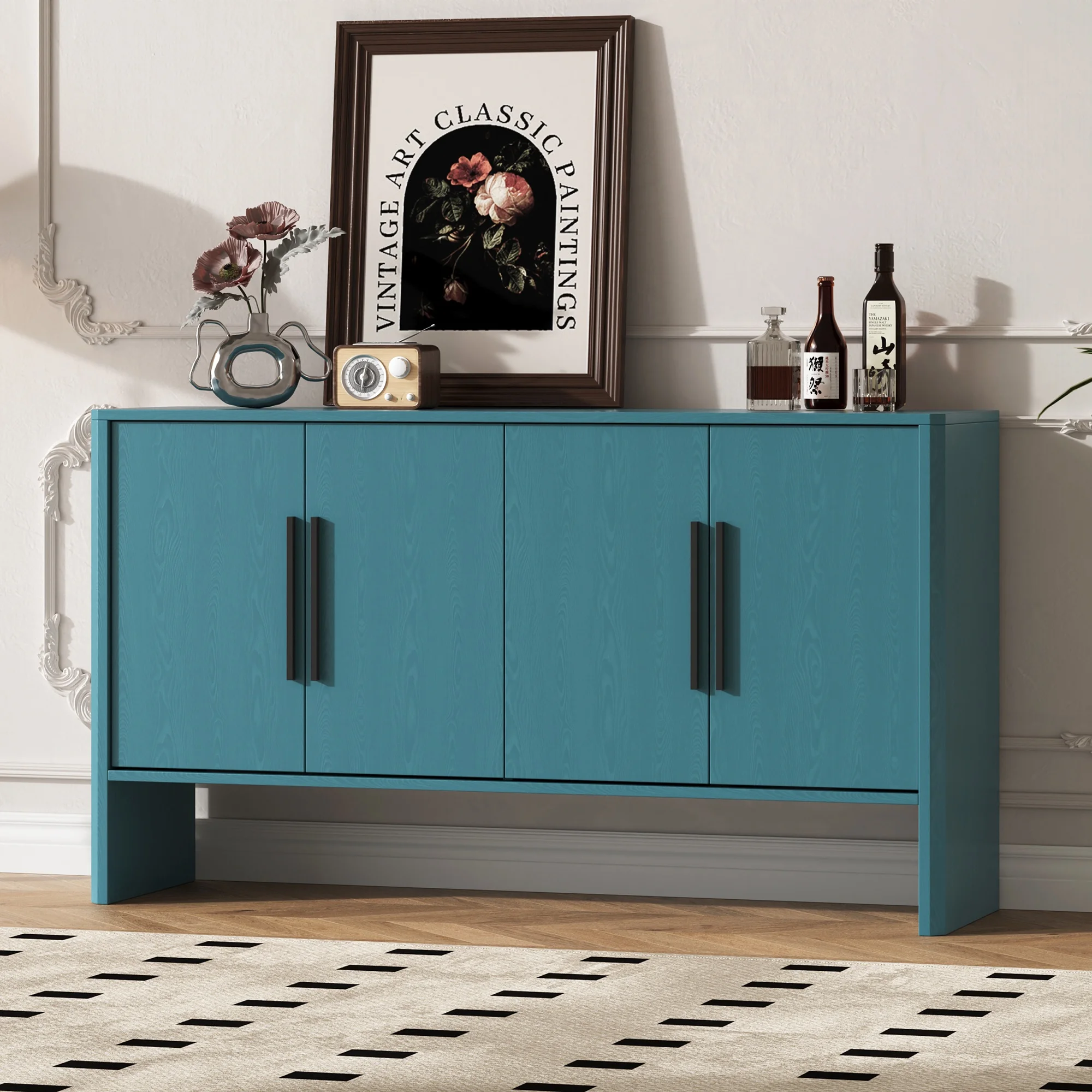 Accent Cabinet with 4 Doors, TUANLUO Buffet Cabinet with Adjustable Shelves, Wood Storage Cabinet, Modern Accent Cabinet Furniture for Hallway Entryway Living Room, 59″L x 15.7″W x 33.2″H, Blue