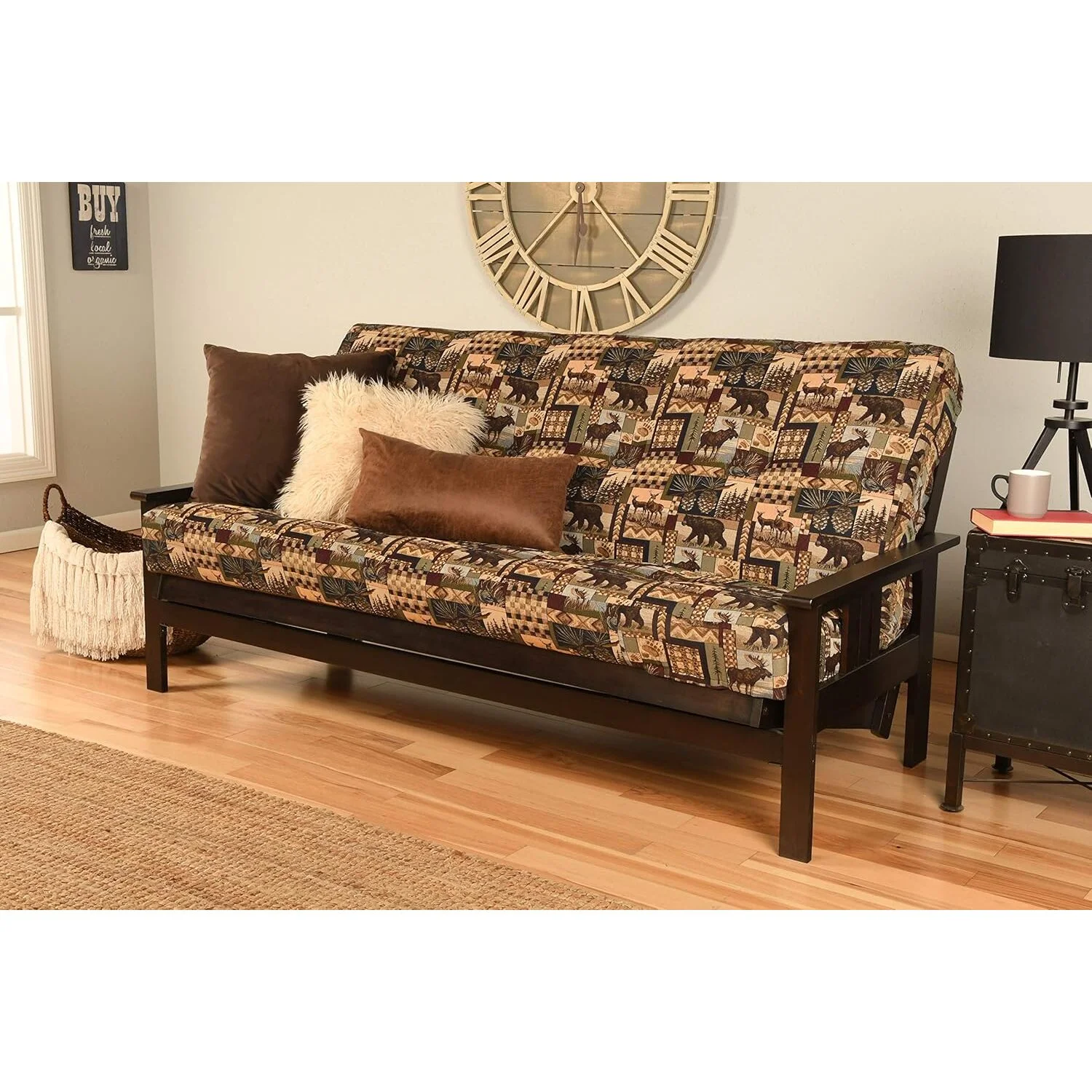 Homestock African Artifacts Full Size Futon Frame Set with Mattress, Easily Converts to Bed, Versatile Design Futon Frame for All Spaces, 33"H x 79"L x 37"D-Color:Linen Charcoal,Size:Barbados