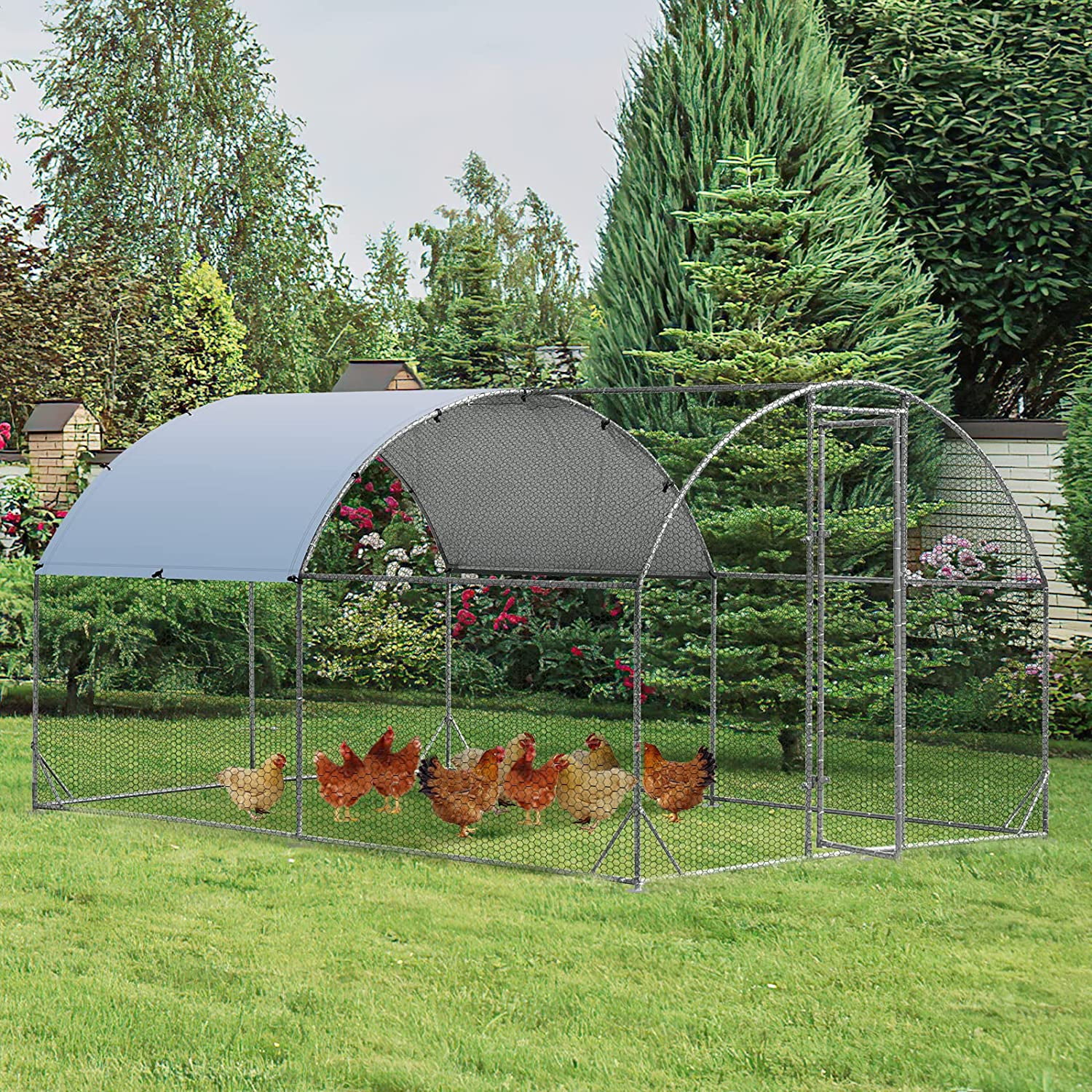 Large Metal Chicken Coops, Outdoor Duck Walk-in Run Poultry Cage, Hen House Yard Habitat Cage with Waterproof Cover Spire Shaped Coop, 9.8' L x 6.6' W x 6.6' H