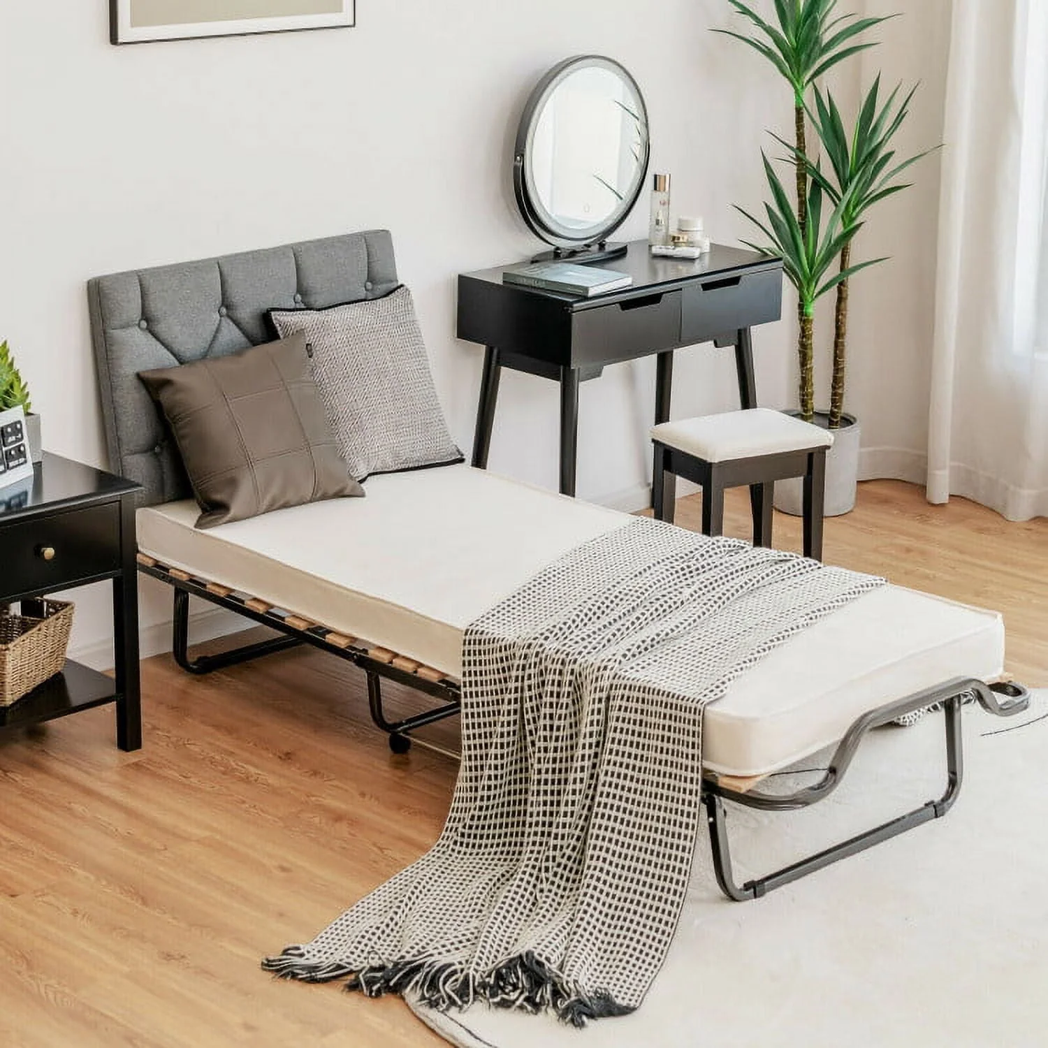 Folding Rollaway Bed, Metal Frame Bed Storage Cover Included, Portable Foldable Guest Bed for Adults, Cot Size Fold up Bed with Memory Foam Mattress on Wheels 76.5″ x 31.5″ x 16″
