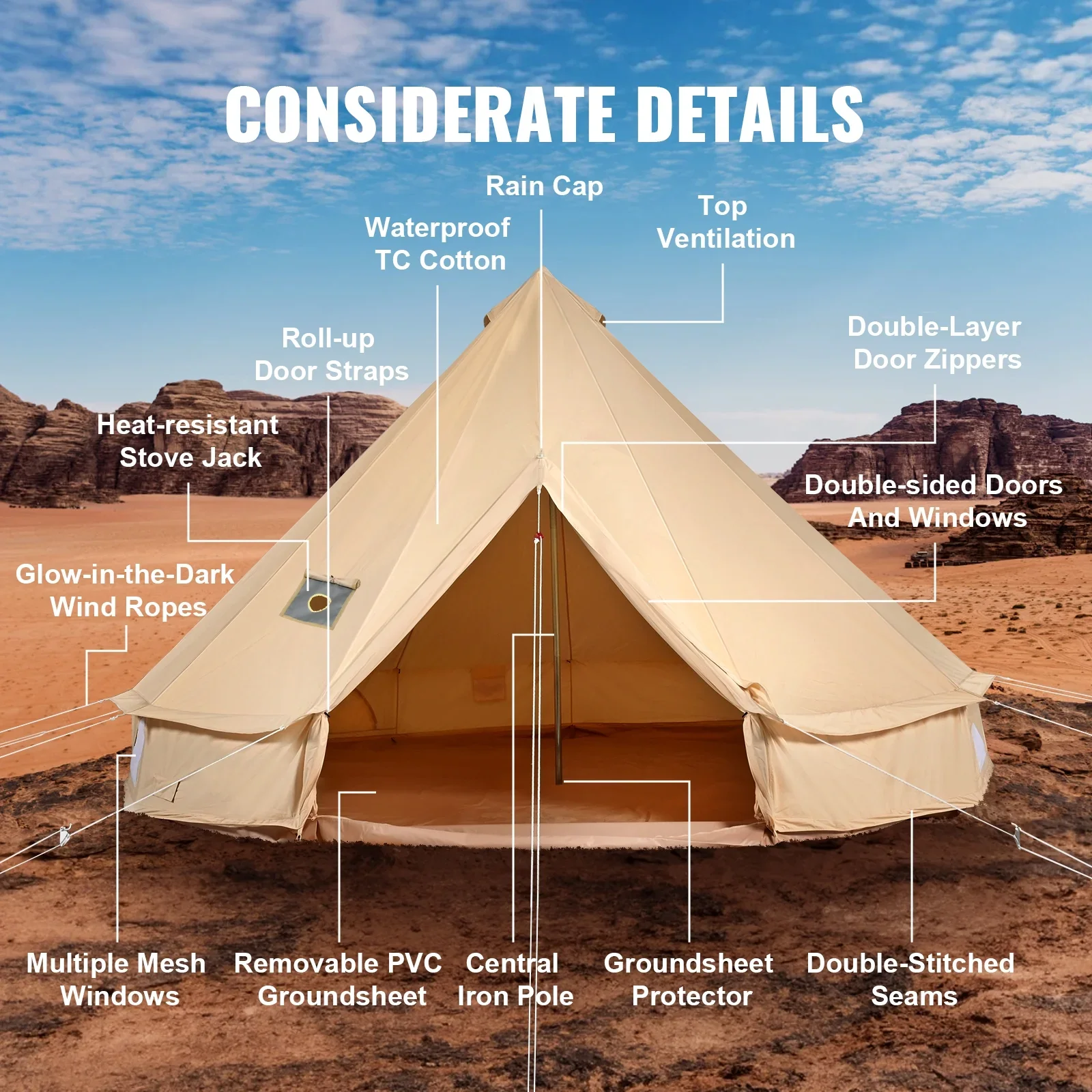KFFKFF Canvas Bell Tent 6m/19.68ft 4-Season With Stove Jack - ZJTM1303