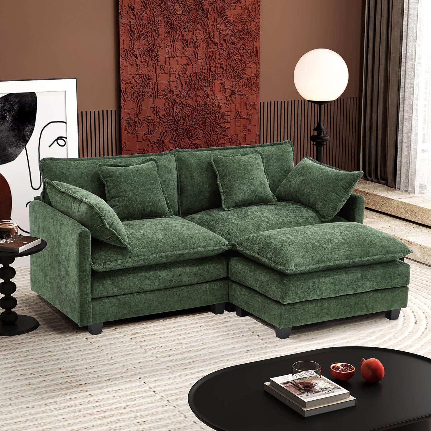 Ihanherry 146" U-Shaped Modern Sofa Modular Sectional Cloud Couch with 2 Ottoman, 6-Seat Chenille Deep Seat Sofa with 6 Pillows for Living Room, Bedroom and Apartment, Grey