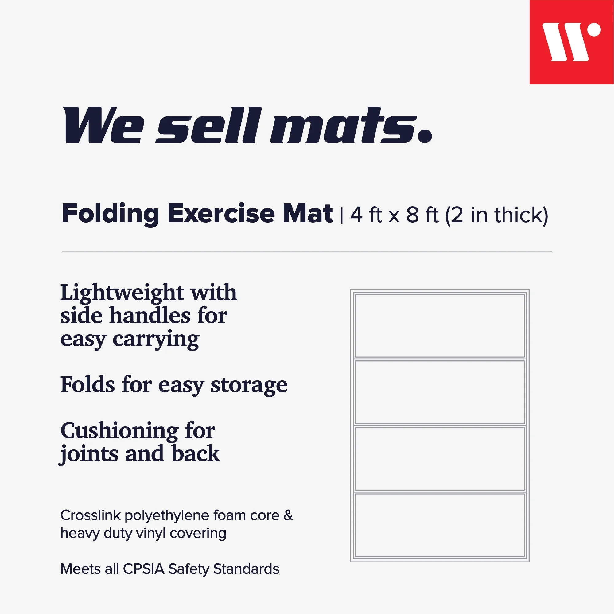We Sell Mats - 4 ft x 8 ft x 2 in Personal Fitness & Exercise Mat for Home Workout - Lightweight and Folds for Carrying C All Purpose Home Gym Mat