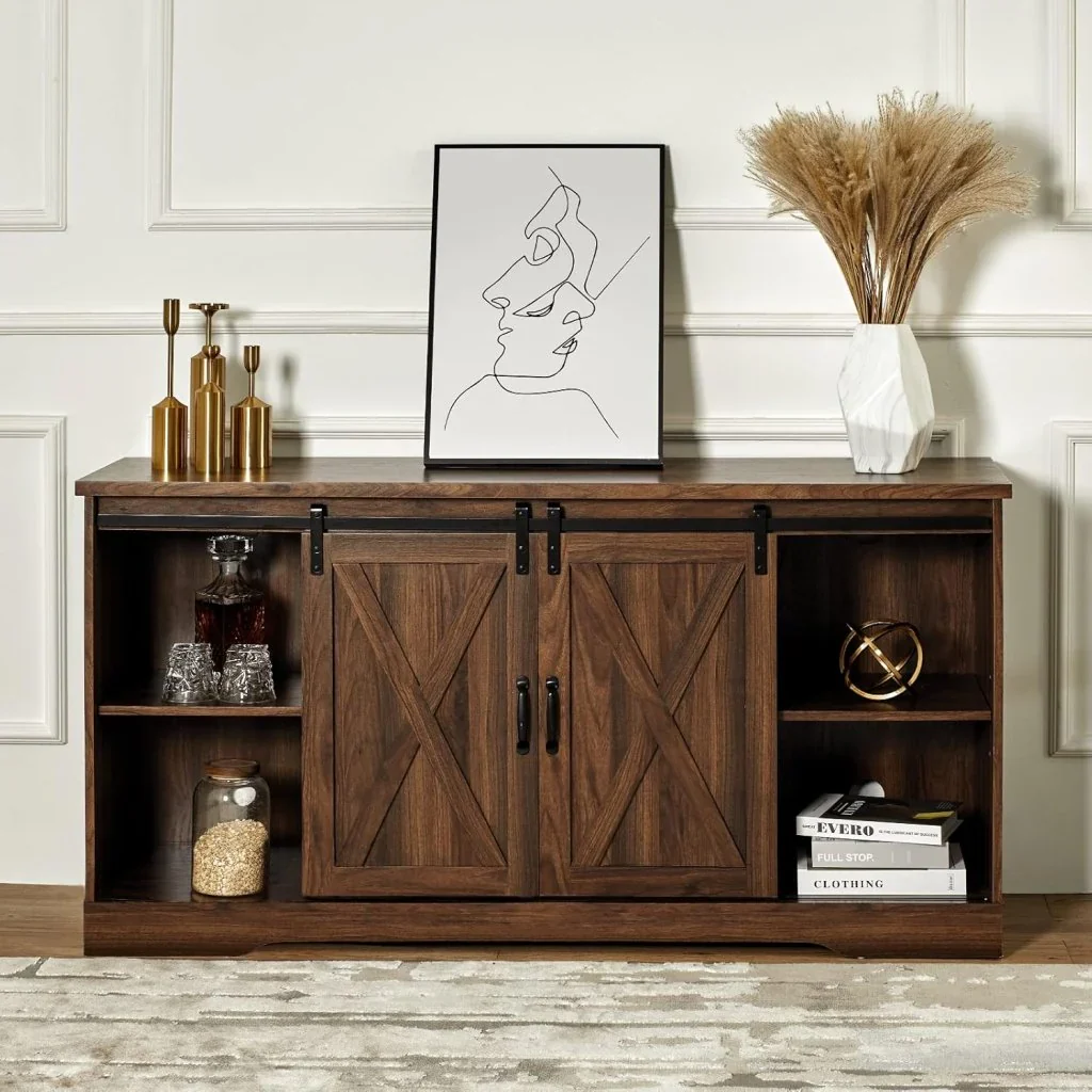 AMERLIFE Fireplace TV Stand with Sliding Barn Door for TVs up to 73", Farmhouse 63" Fireplace Entertainment Center with Storage Cabinets/Adjustable Shelves