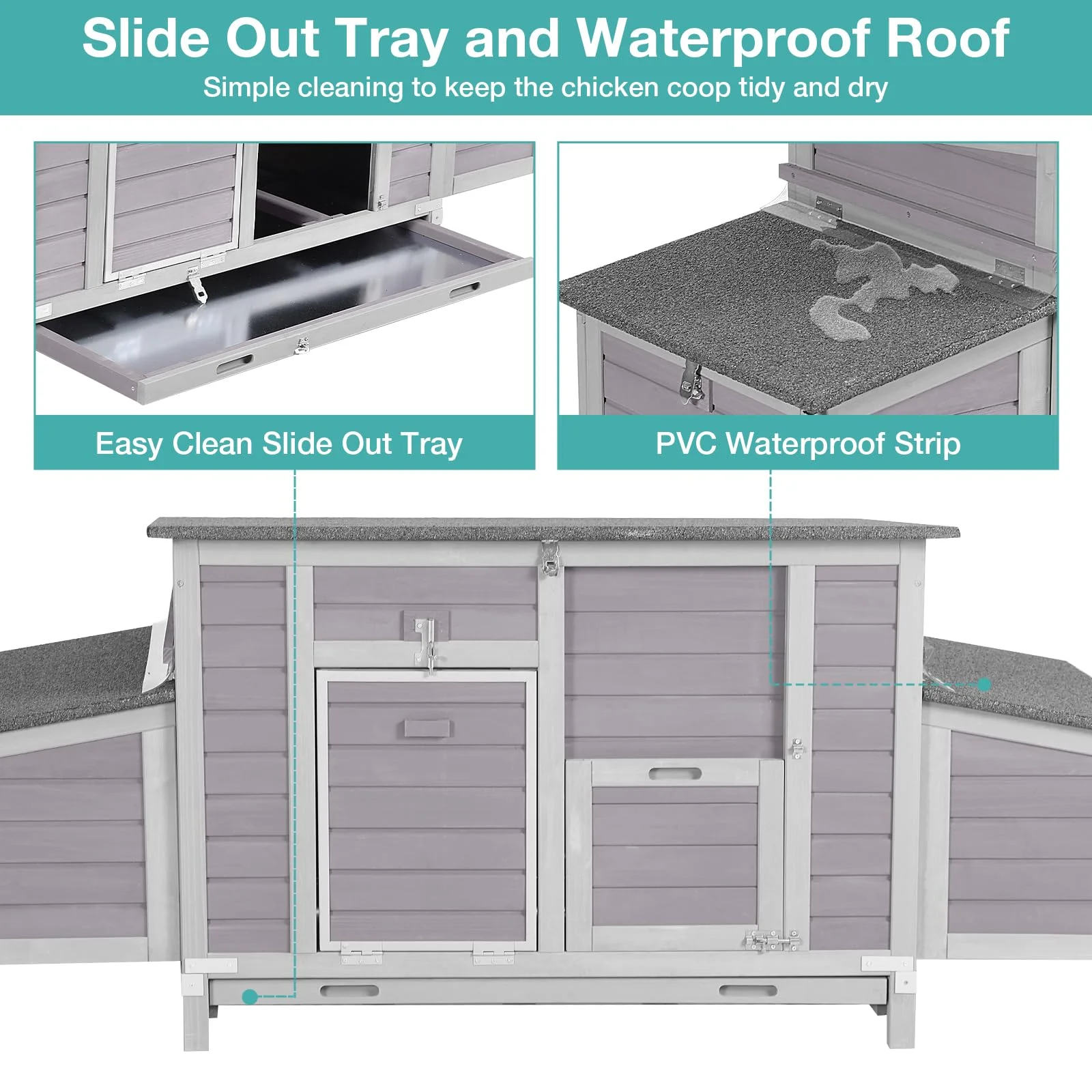 BUTINGLALE Chicken Coop, Outdoor Hen House Poultry Cage with Nesting Box, Leakproof Pull Out Tray and UV-Resistant Roof (67" L x 25" W x 28" H)