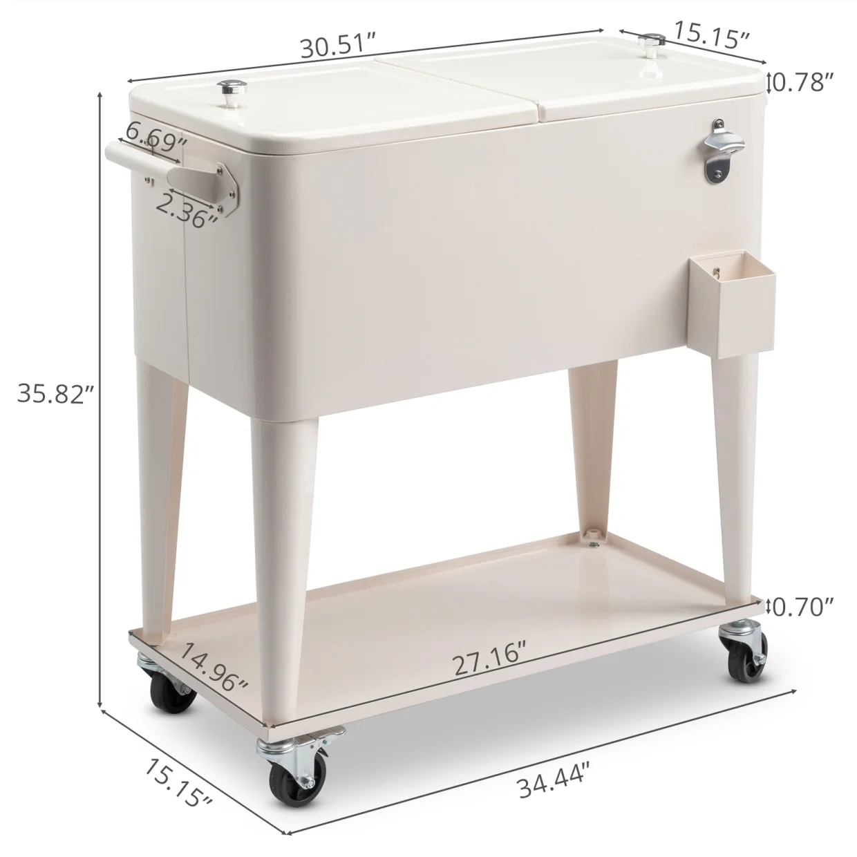 80Qt All-In-One Cooler Cart With Bottle Opener, Lower Storage Shelf and Cap Catcher, Outdoor Party Rolling Cooler With Lockable Wheels For Pool Side, Patio, Balcony, Mint(33.07 x 15.16 x 35.83)"