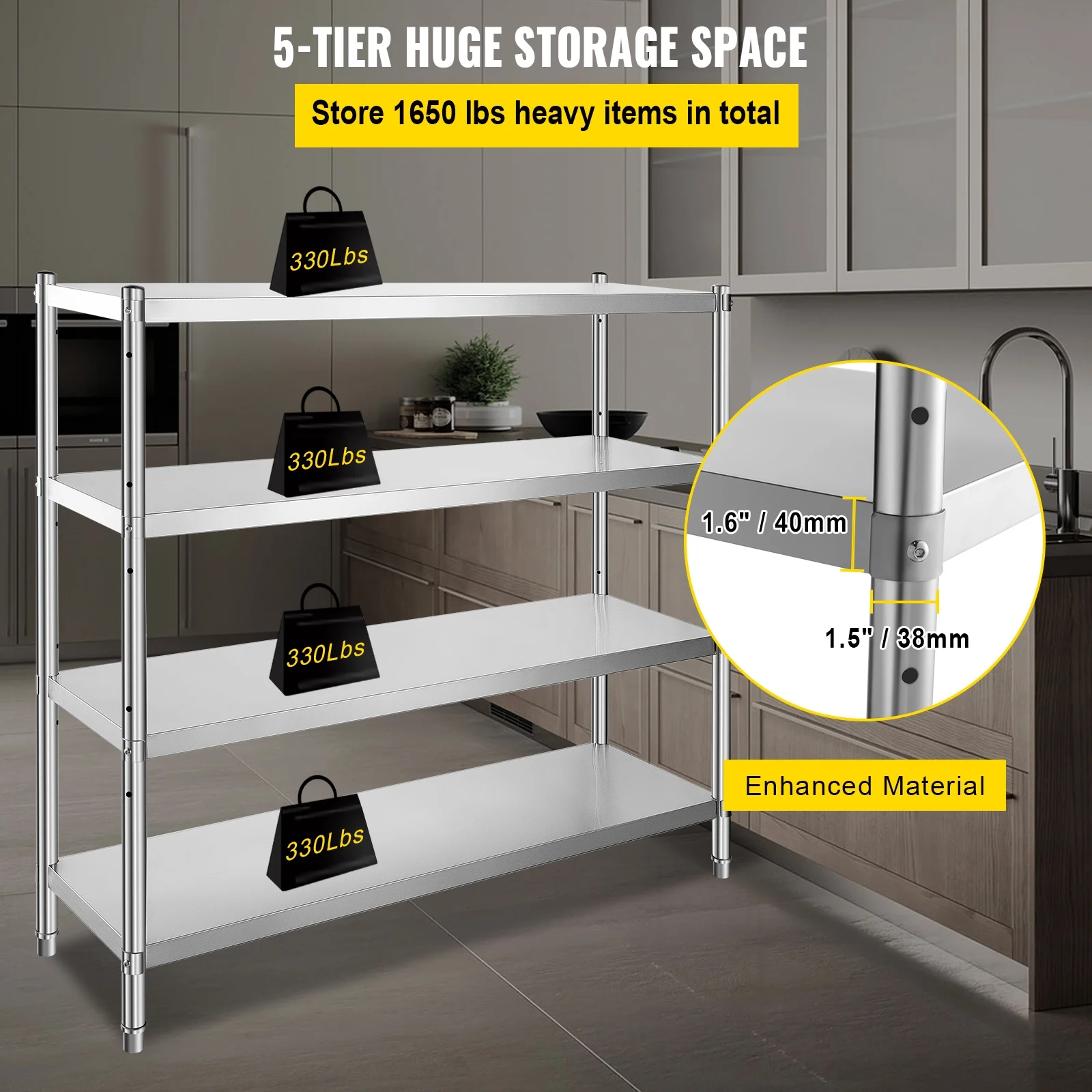 KFFKFF Storage Rack, Quad-Level Metal Shelves, Organizational Shelf Unit, Dimensions 70.9 x 17.7 x 59.1 Inches, Robust Storage Rack Shelving, Total Load Capacity 1320 Lbs, Height Modifiable