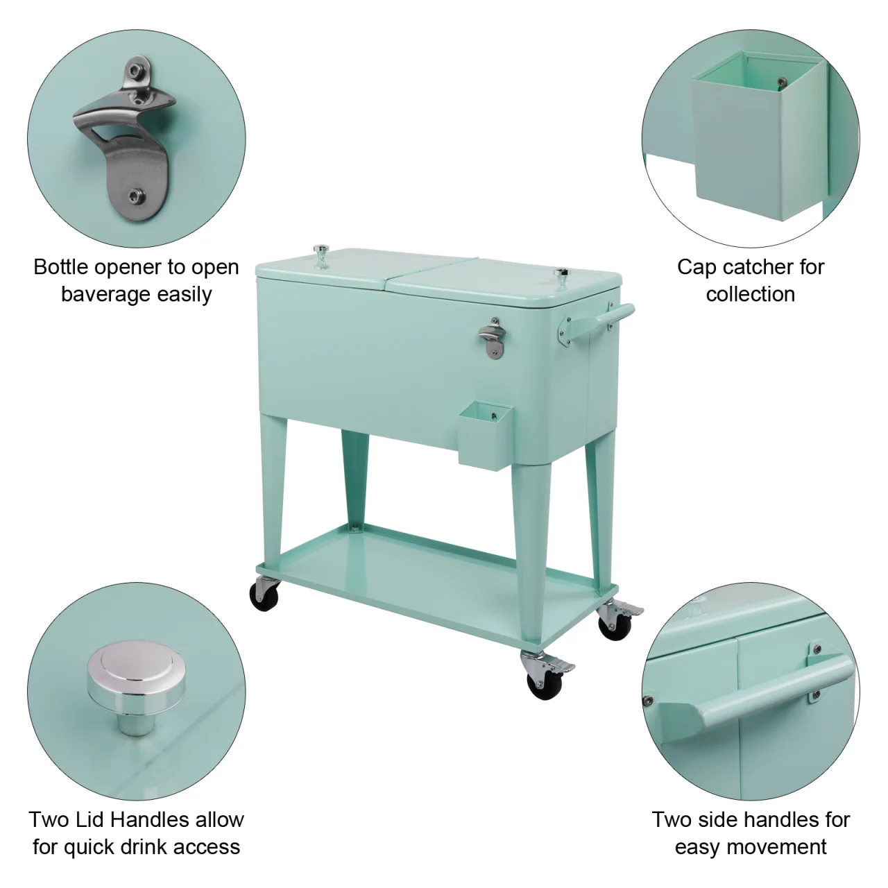 80Qt All-In-One Cooler Cart With Bottle Opener, Lower Storage Shelf and Cap Catcher, Outdoor Party Rolling Cooler With Lockable Wheels For Pool Side, Patio, Balcony, Mint(33.07 x 15.16 x 35.83)”