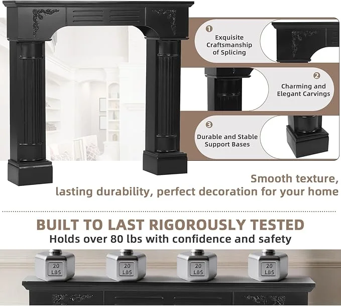 EPICOZY 43.3" Fireplace Mantel, Freestanding Fireplace Surround with Leg for Electric Fireplaces, MDF Mantel Surround with Shelf for Living Room with Decorative Pattern, Anti-Tipping & Waterproof