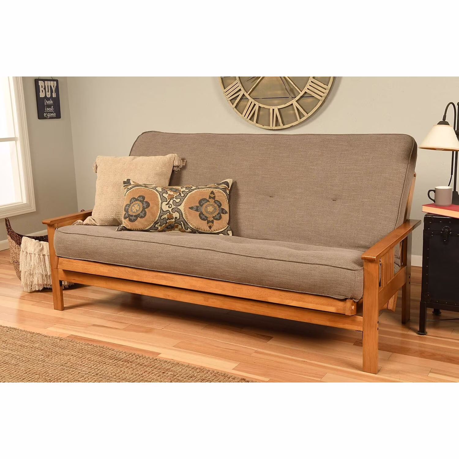 Homestock African Artifacts Full Size Futon Frame Set with Mattress, Easily Converts to Bed, Versatile Design Futon Frame for All Spaces, 33"H x 79"L x 37"D-Color:Linen Charcoal,Size:Barbados