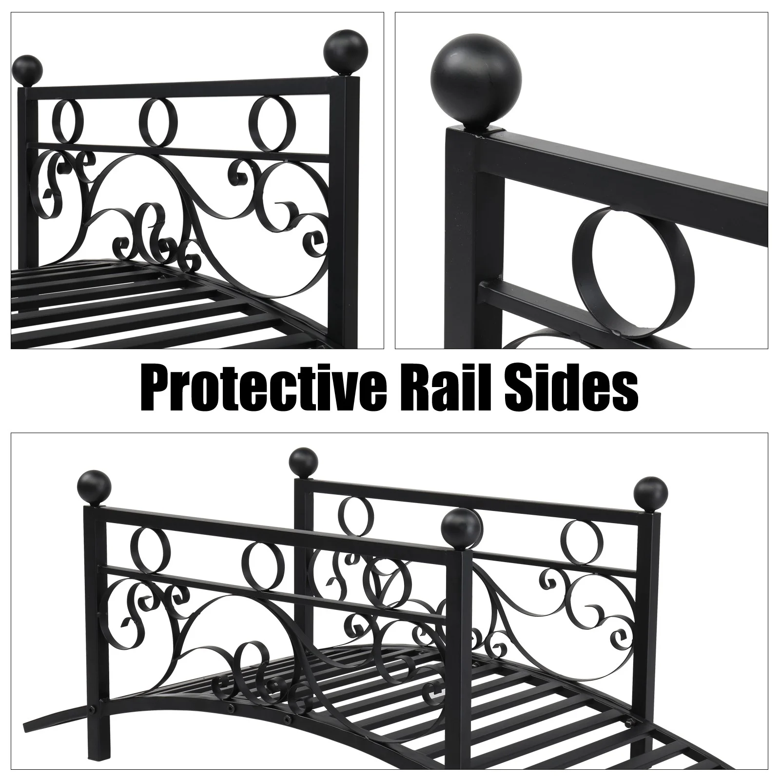 Garden Bridge, Metal Arch Backyard Garden Bridge Safety Siderails, Arch Path Bridge, Ourdoor Decorative Iron Foot Bridge for Pond and Backyard Landscaping (Black with Ball Flat Top), (47 x 26 x 28)"