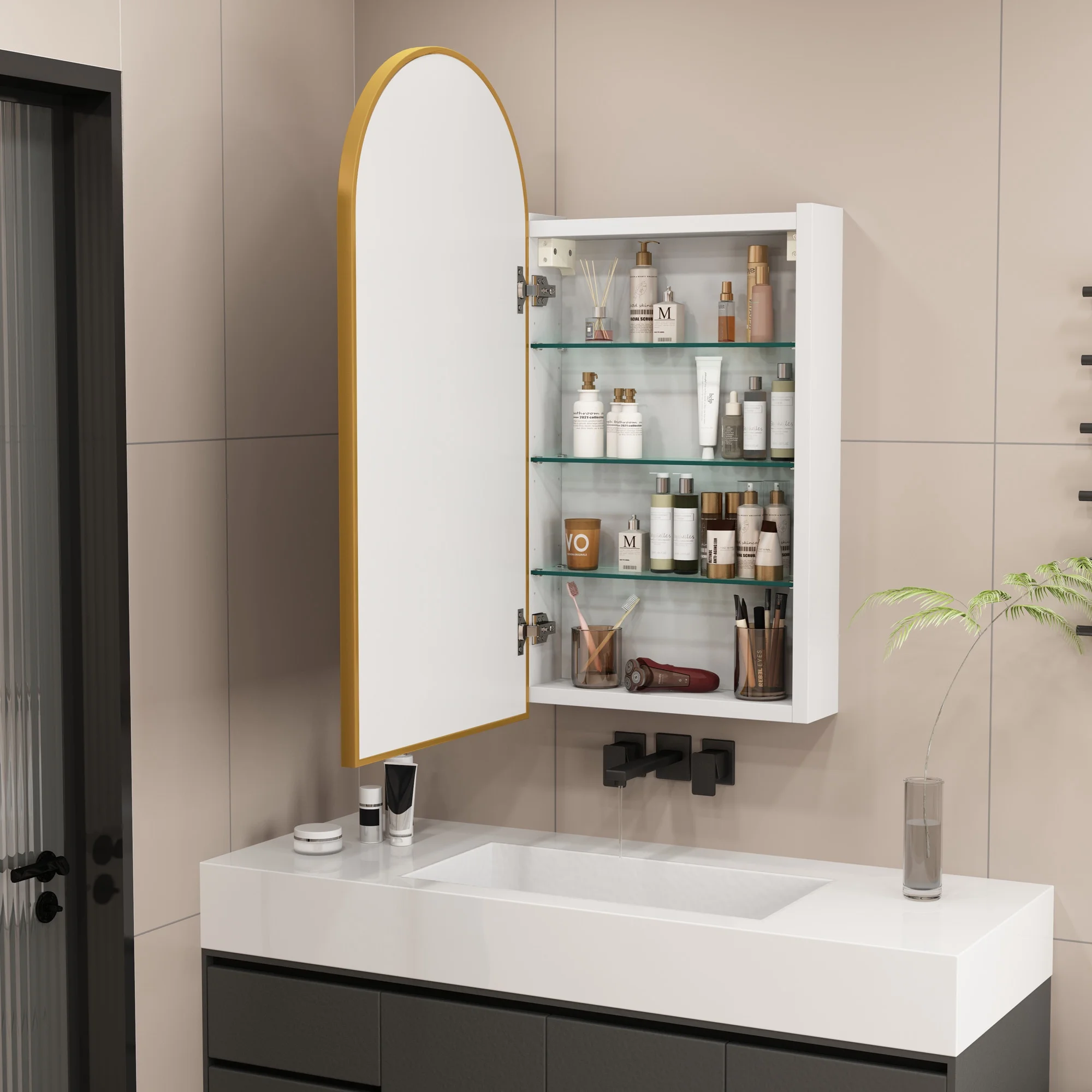 FKWin Arched Bathroom Medicine Cabinet with Mirror - Aluminum Framed Bathroom Mirror with Storage, Black Mirrored Medicine Cabinet, Wall Surface Mounted, 31.4"H x 15.7"W x 3.9"D