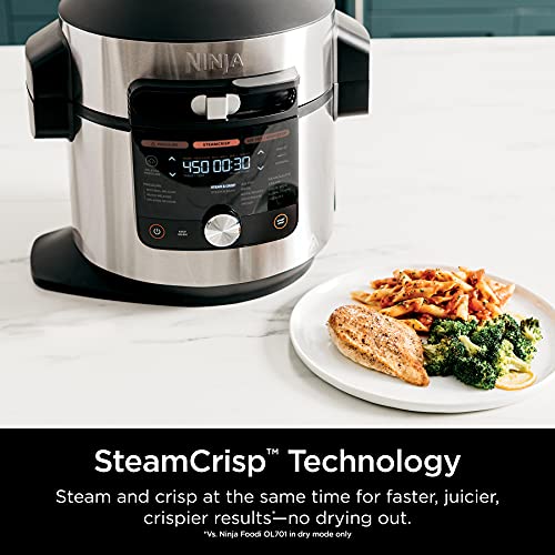 Ninja OL701 Foodi 14 in 1 SMART XL 8 Qt. Pressure Cooker Steam Fryer with SmartLid & Thermometer   Auto Steam Release, that Air Fries, Proofs & More, 3 Layer Capacity, 5 Qt. Crisp Basket, Silver/Black
