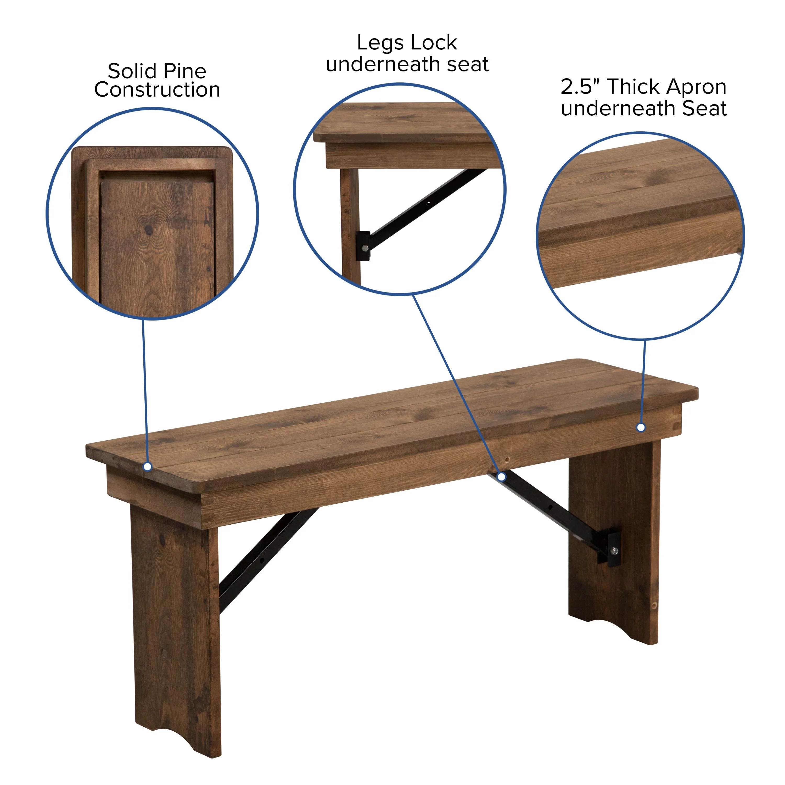 BizChair 40" x 12" Antique Rustic Solid Pine Folding Farm Bench