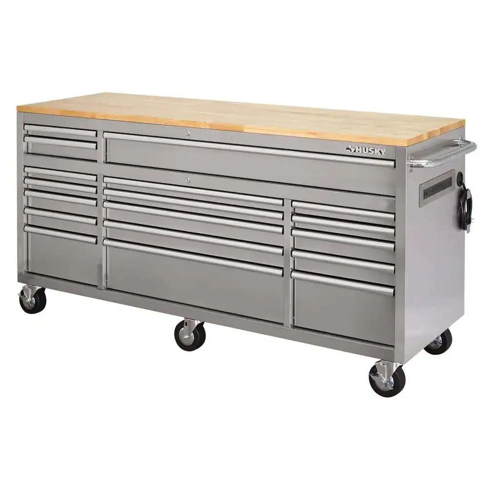 72 in. 18-Drawer 24 in. D Mobile Workbench With Solid Wood Top – Stainless Steel