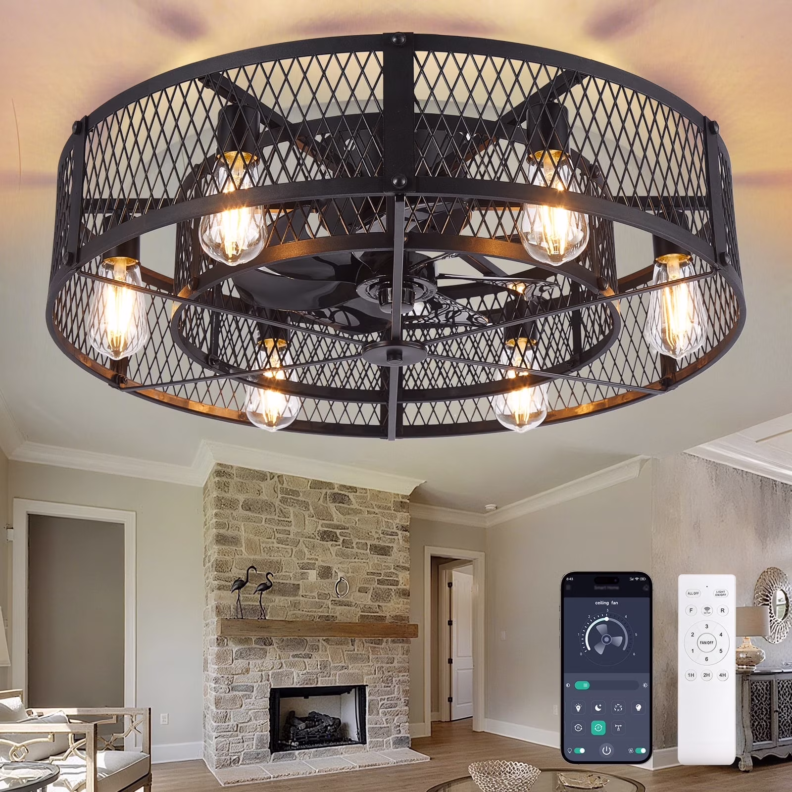 26 – Inch Farmhouse Caged Ceiling Fan with Light, Remote & APP Control Quiet DC Motor E26 Bulbs Included Black