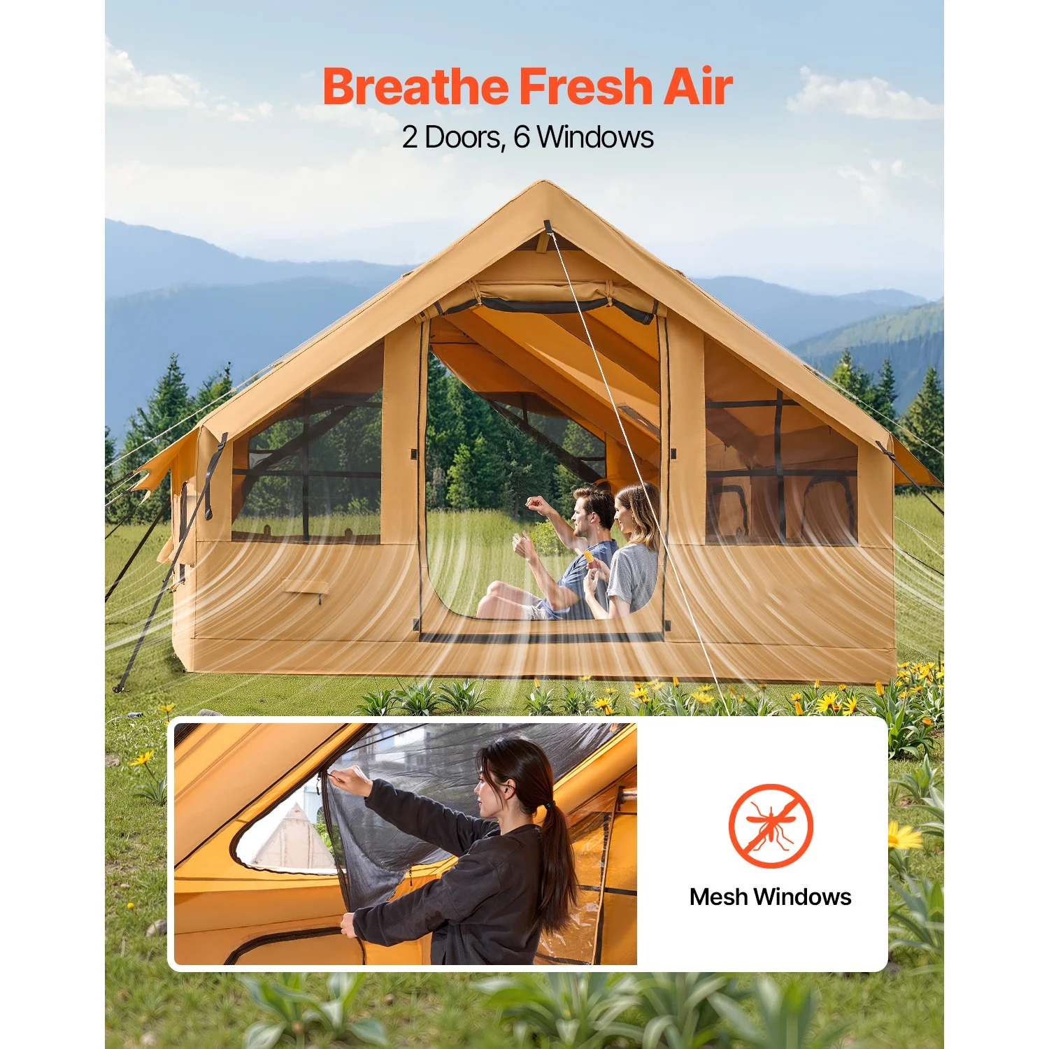 KFFKFF Inflatable Tent for Camping, 13.12 x 9.84 x 7.22 Ft Glamping Blow up Tent for 5-8 People, Air-Filled Camping Shelters, Outdoor Living Tent with Dual Sunroofs, Stove Jack