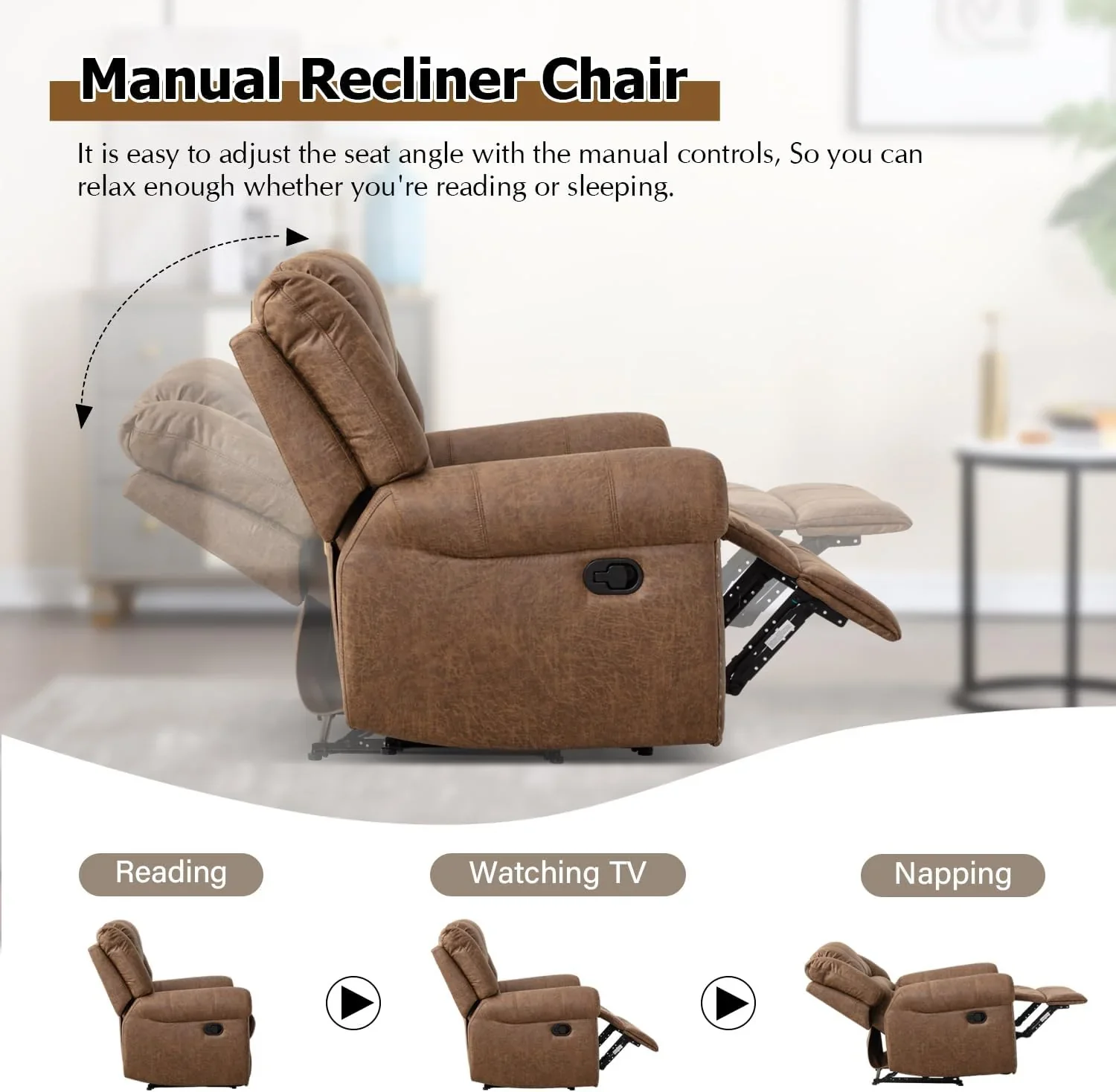 CANMOV Leather Recliner Chair, Classic and Traditional Manual Recliner Chair with Comfortable Arms and Back Single Sofa for Living Room, Nut Brown