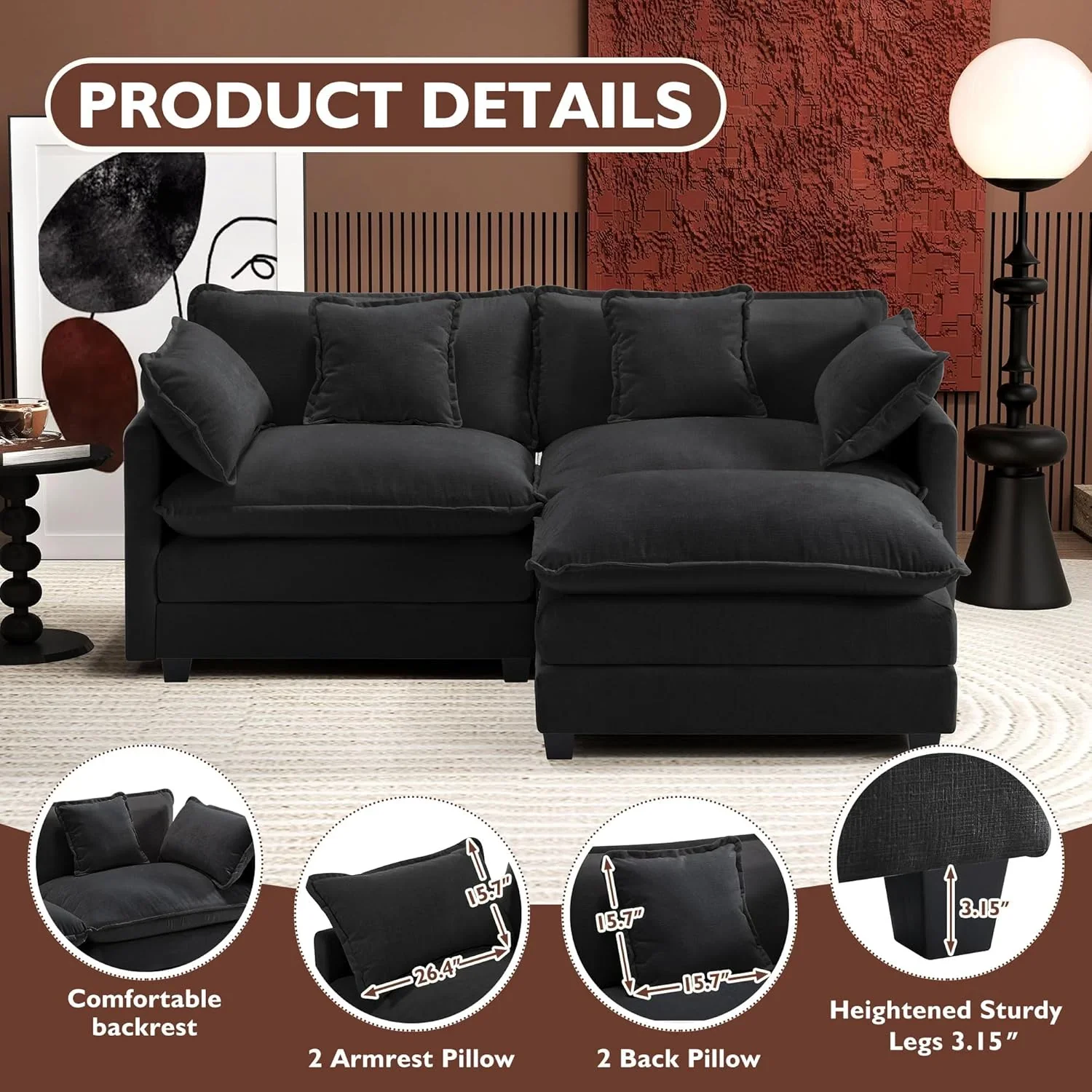 Ihanherry 146" U-Shaped Modern Sofa Modular Sectional Cloud Couch with 2 Ottoman, 6-Seat Chenille Deep Seat Sofa with 6 Pillows for Living Room, Bedroom and Apartment, Grey