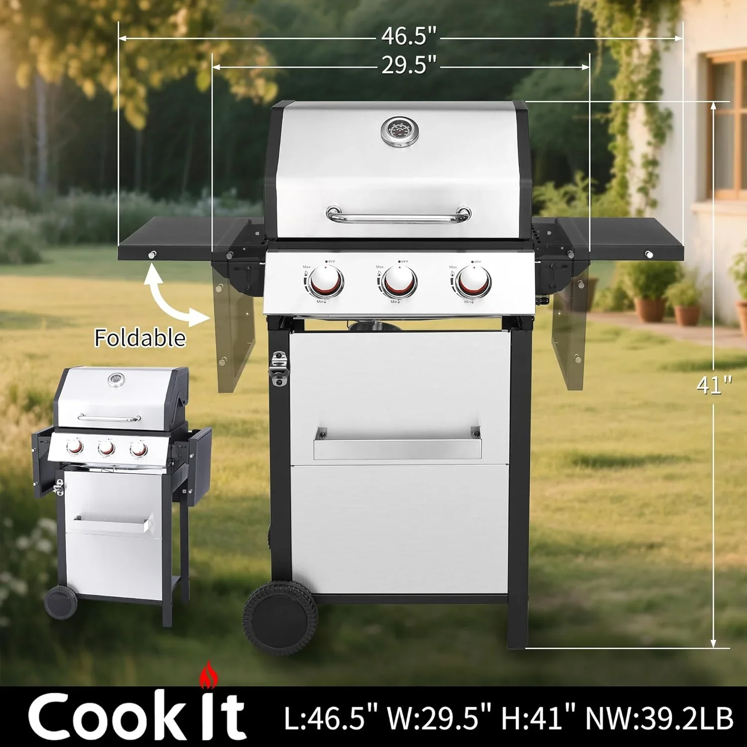 3-Burner Propane Gas Grill with 30,000 BTU Output – Double-layer Stainless Steel Grill Lid, Cast Iron Cooking Grids, Easy-Clean Grease Management & Even Heat Distribution for Perfect BBQs