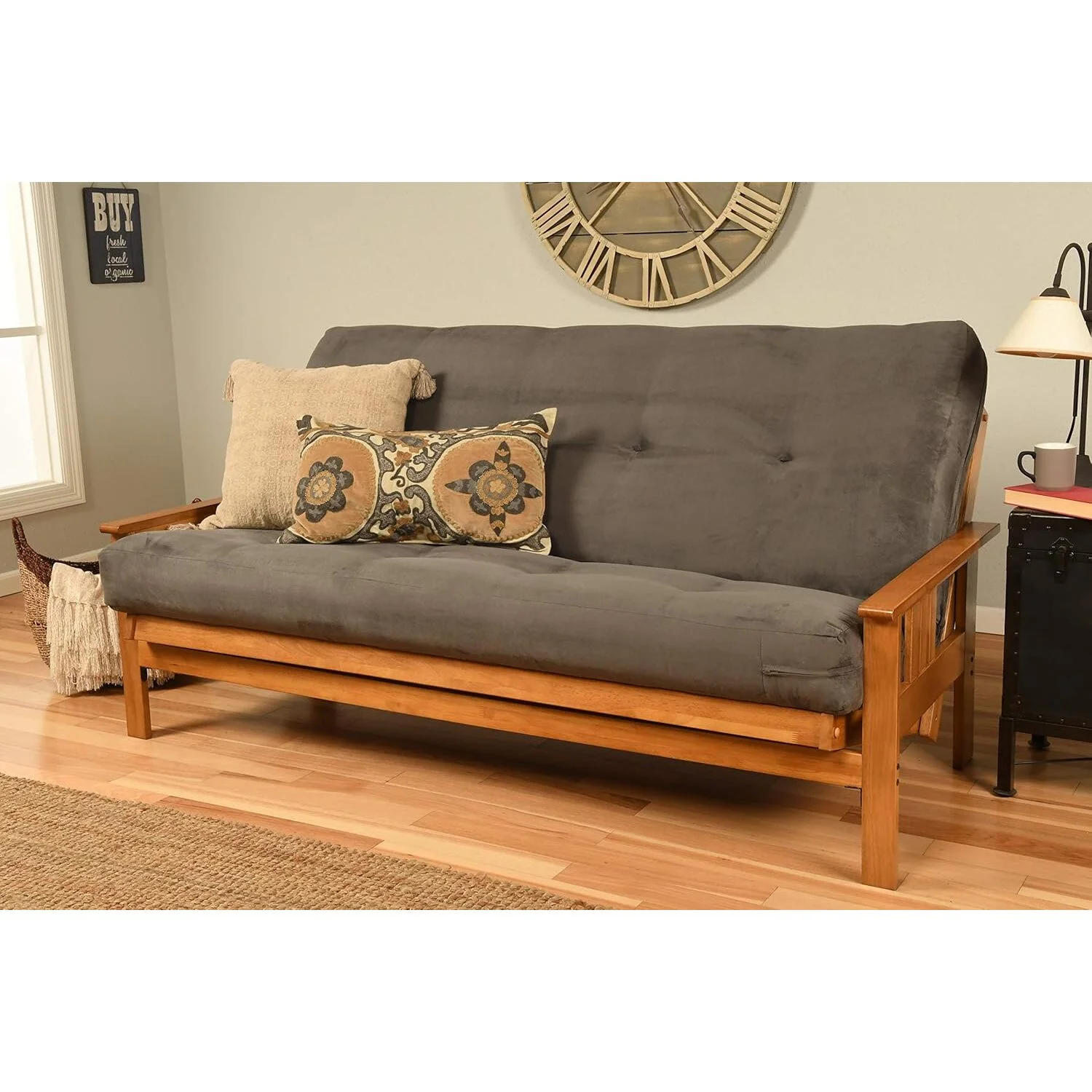 Homestock African Artifacts Full Size Futon Frame Set with Mattress, Easily Converts to Bed, Versatile Design Futon Frame for All Spaces, 33"H x 79"L x 37"D-Color:Linen Charcoal,Size:Barbados