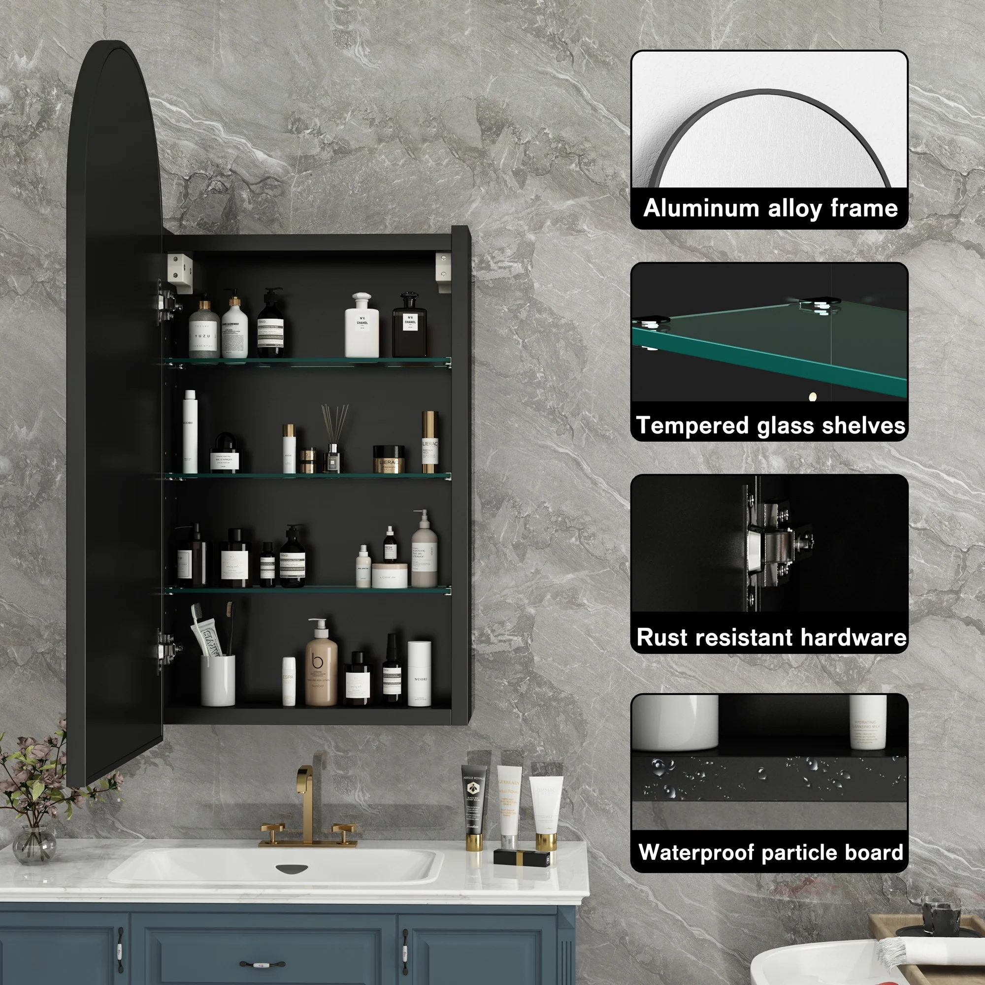 FKWin Arched Bathroom Medicine Cabinet with Mirror - Aluminum Framed Bathroom Mirror with Storage, Black Mirrored Medicine Cabinet, Wall Surface Mounted, 31.4"H x 15.7"W x 3.9"D