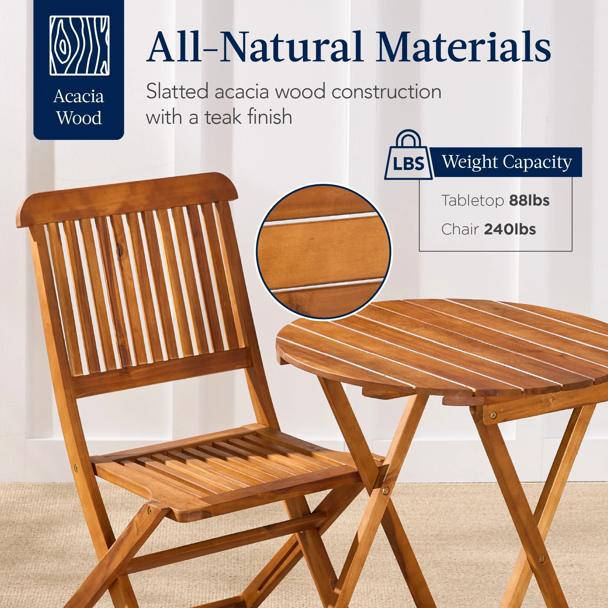 Best Choice Products 3-Piece Acacia Wood Bistro Set, Folding Patio Furniture w/ 2 Chairs, Table - Natural
