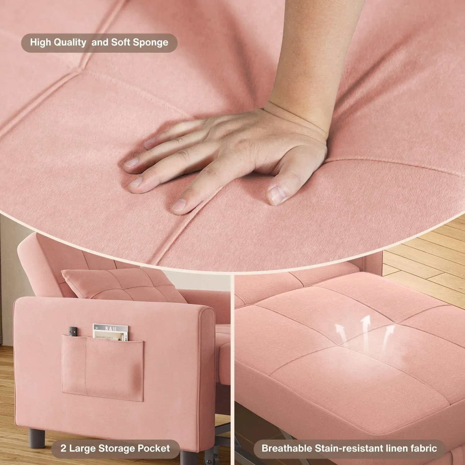 3-in-1 Adjustable Sleeper Sofa Bed, Pull Out Chair Sofa, Convertible Folding Bed for Living Room