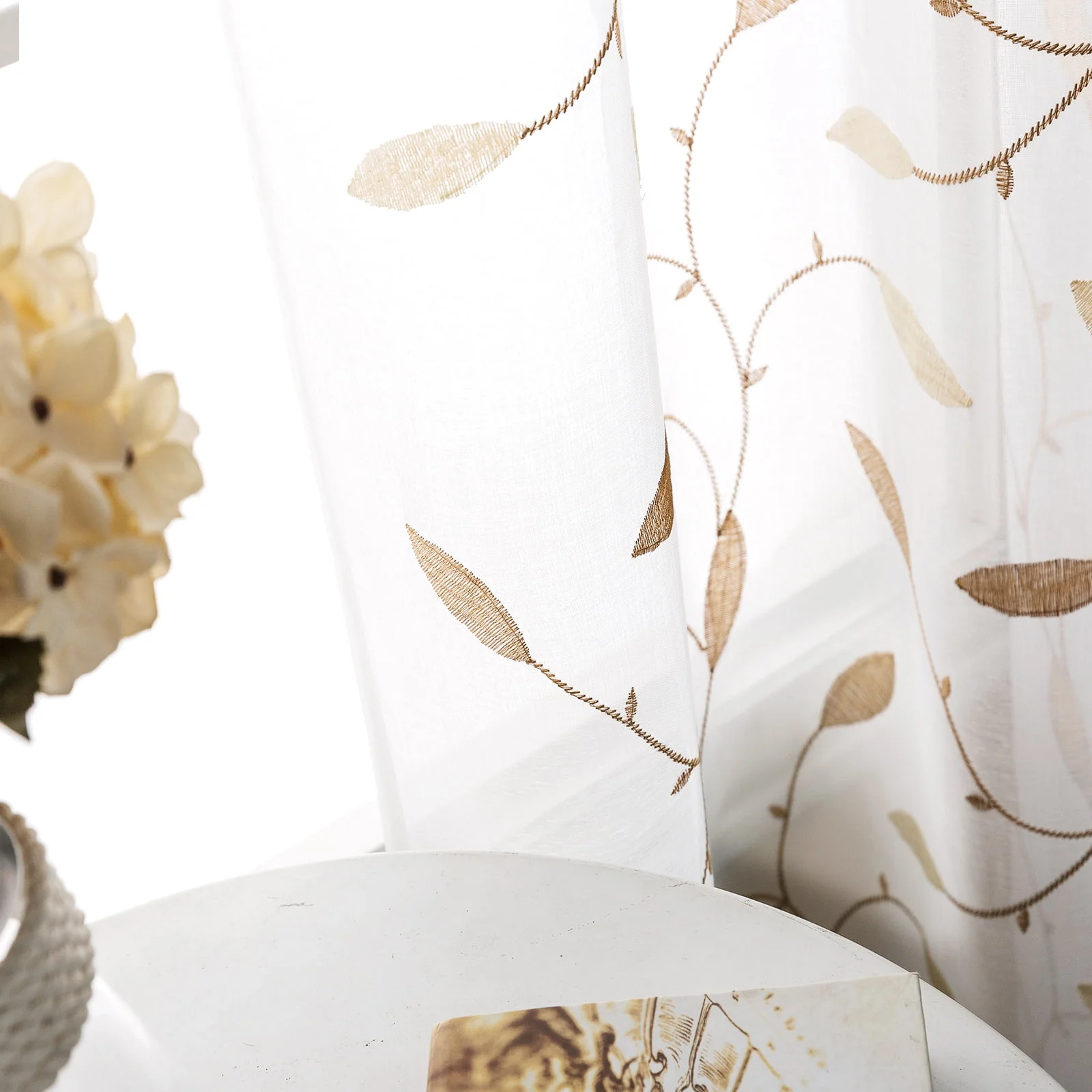 Curtainking Farmhouse Leaf Embroidery Grommet Sheer Curtains, 58" x 84" (2 Panels)