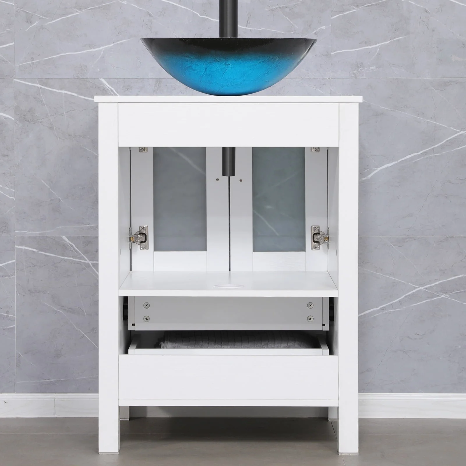 Eclife 24"W x 20"D x 32"H Classical Bathroom Vanity Vessel Sink Set with Faucet, Mirror White Vanity and Ocean Blue Square Glass Sink Pop up Drain Combo