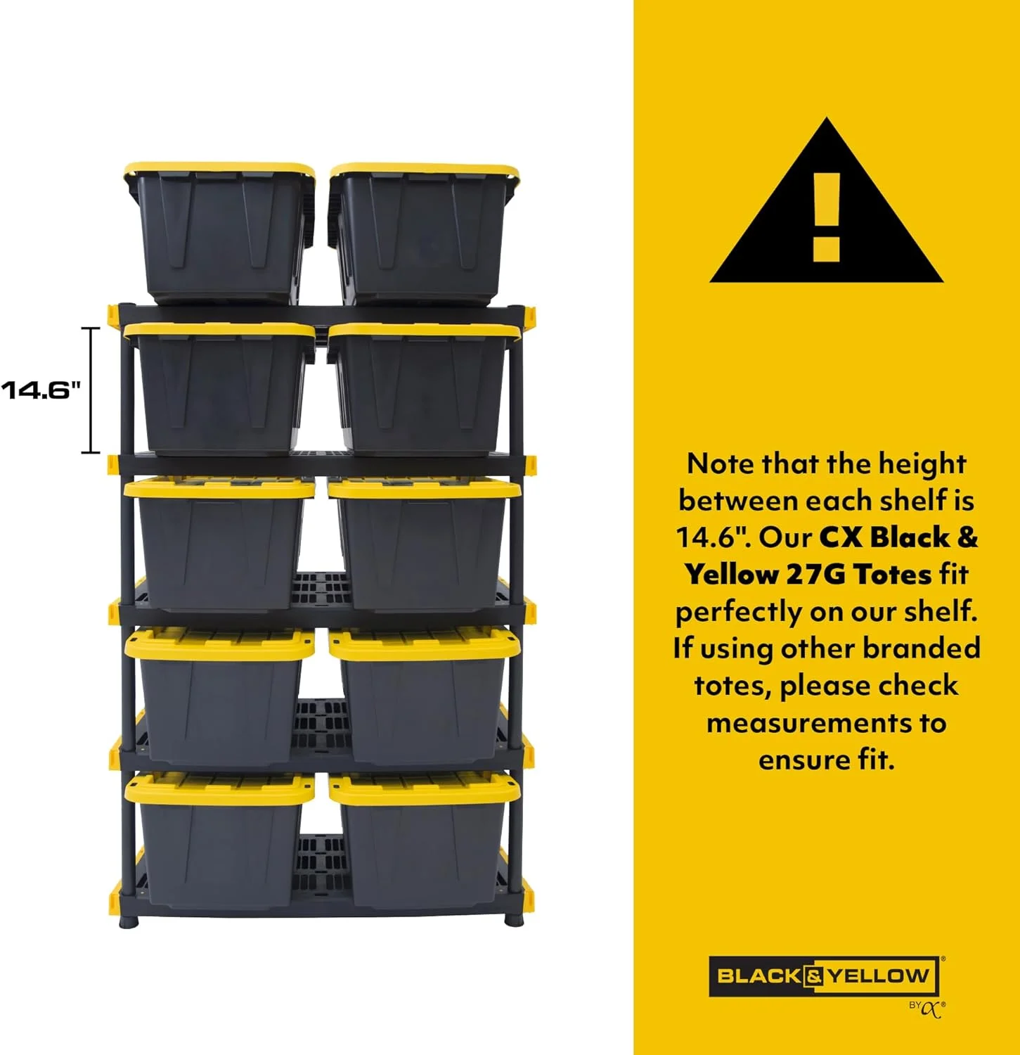Black & Yellow, 5-Tier Heavy Duty Plastic Storage Shelving Unit, 200lbs/shelf (72H x 48W x 20D), for Indoor/Outdoor Organization, Modular Rack