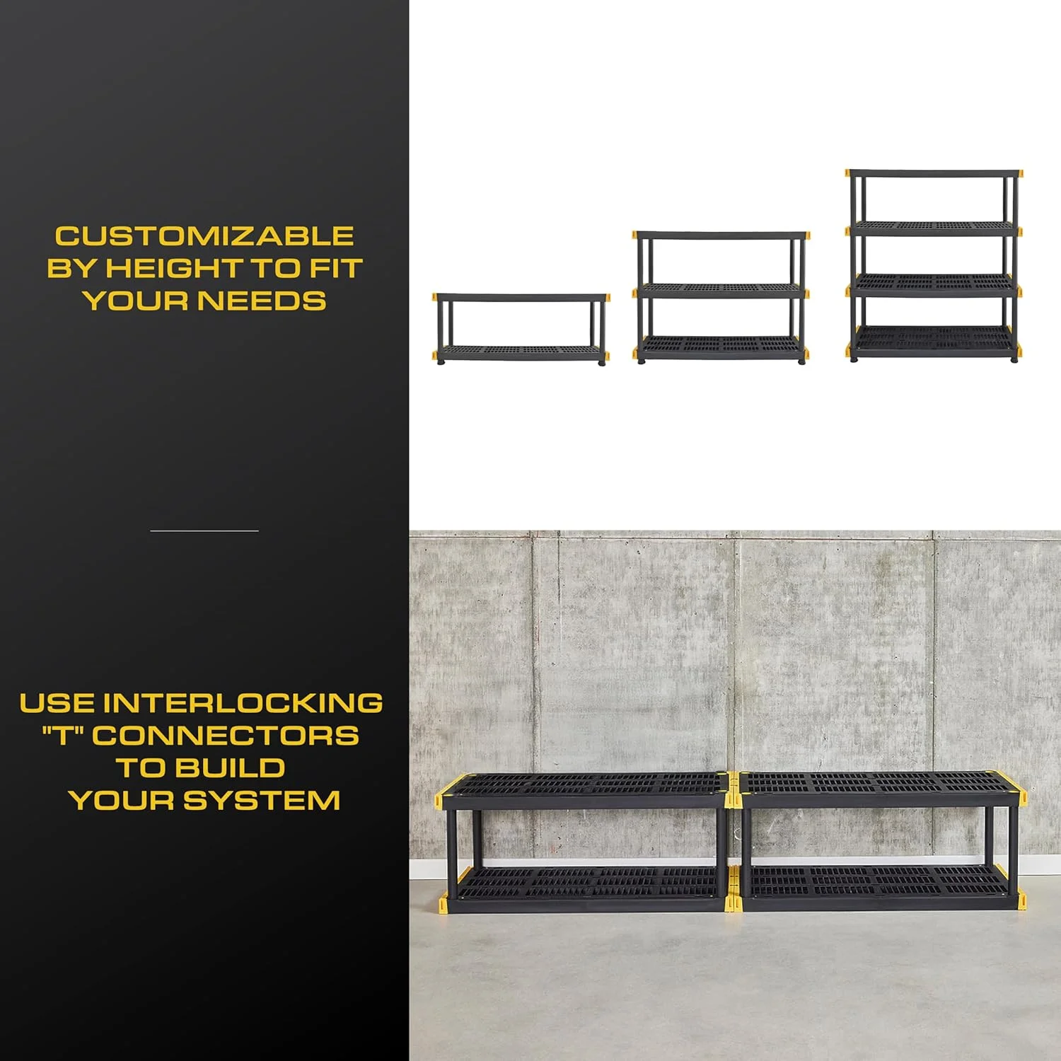 TDUKDB Black and Yellow, 4-Tier Heavy Duty Plastic Storage Shelving Unit, 200lbs/shelf (55H x 48W x 20D), for Indoor/Outdoor Organization, Modular Rack