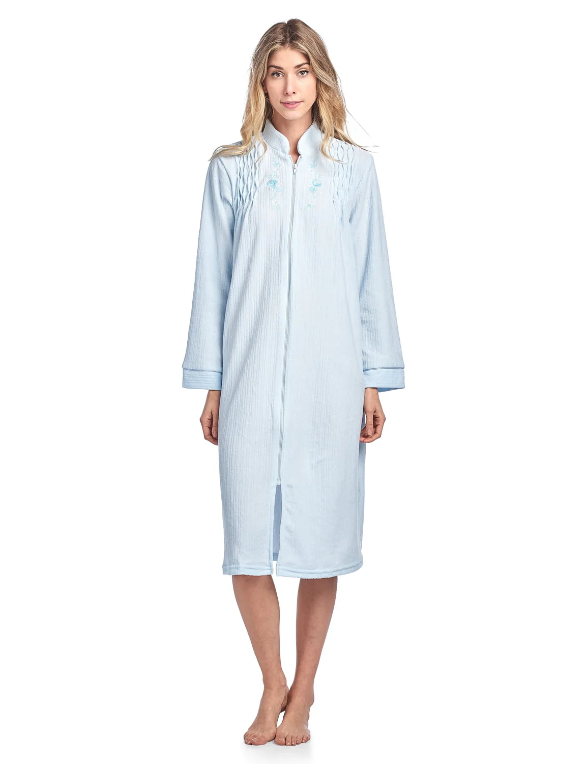 Casual Nights Women’s Zipper Front Jacquard Terry Fleece Robe Duster – Blue – X-Large