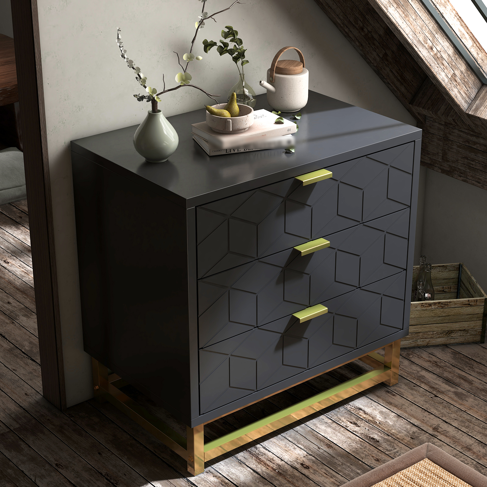 3 Drawer Dresser for Bedroom, Modern Chest of Drawers with 3 Drawers, Tall Nightstand with Metal Base and Metal Handles, Storage Cabinet for Bedroom, Hallway, 15.7″D x 23.6″W x 24.8″H