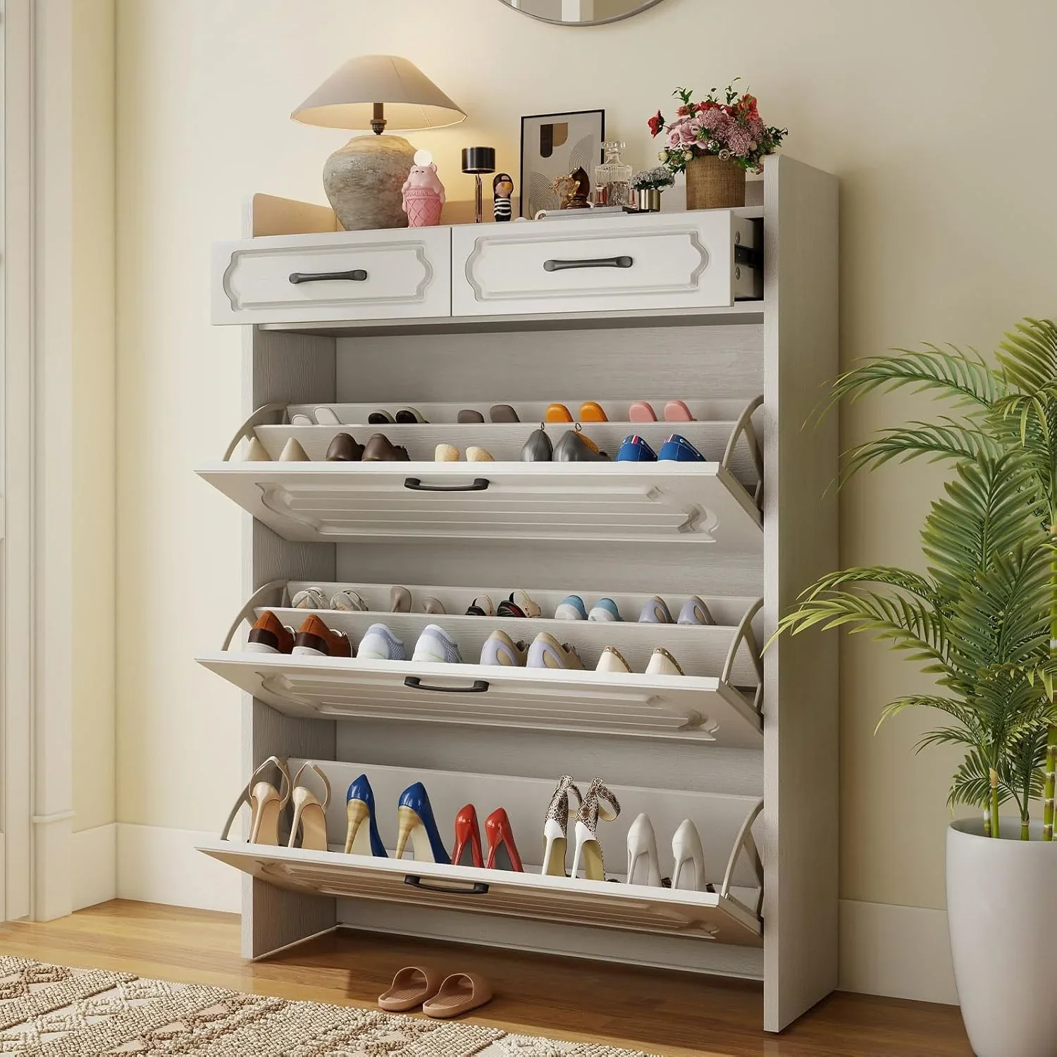 Shoe Cabinet with 3 Large Flip Drawers & 2 Storage Drawers, Narrow Shoe Organizer Cabinet Fits