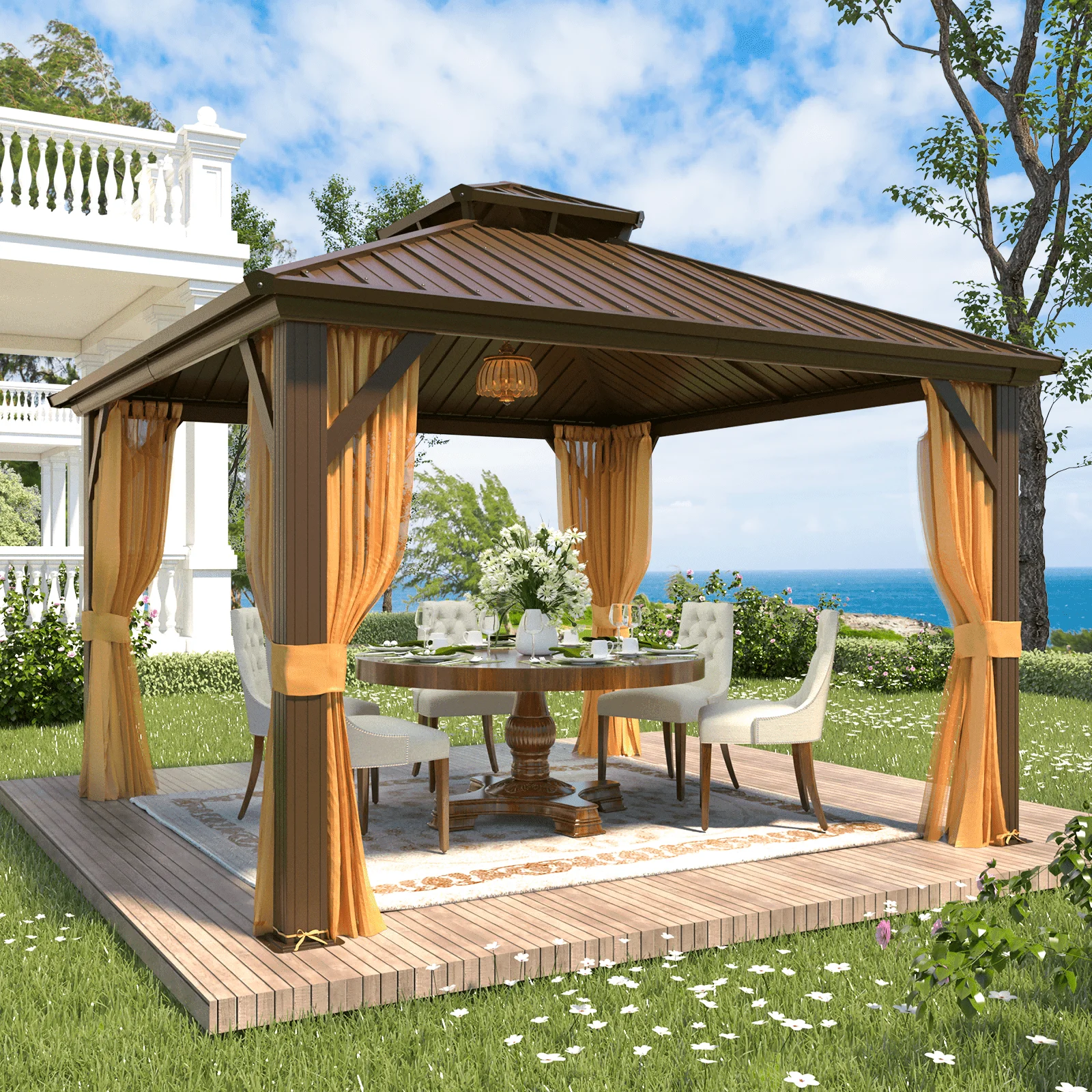 Hommow 10' X 12' Hardtop Gazebo Aluminum Frame Gazebo with Galvanized Steel Double Roof