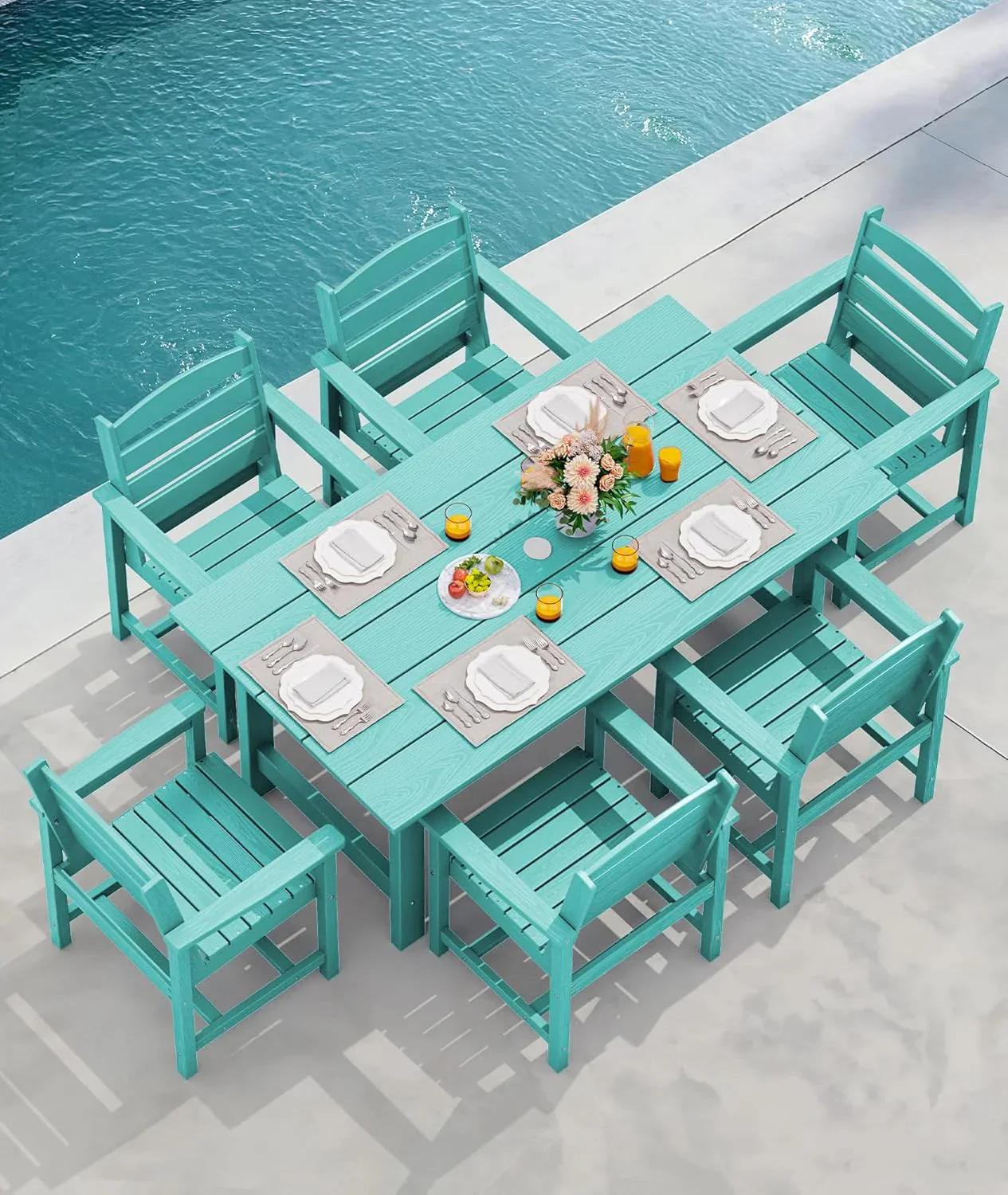 SERWALL 7-Piece Patio Table Set, Outdoor HDPE Dining Furniture with Umbrella Hole, All Weather Table and Chairs for Lawn, Garden, Poolside, Aruba