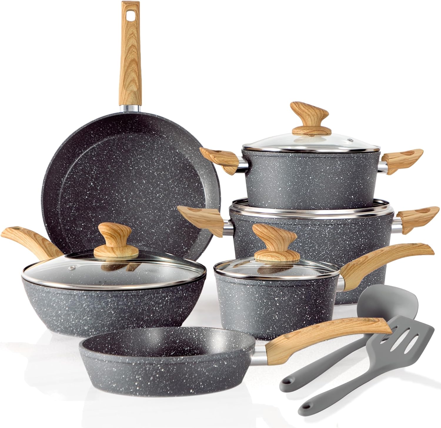 Kitchen Academy Induction Cookware Sets – 12 Piece Green Cooking Pan Set, Granite Nonstick Pots and Pans Set