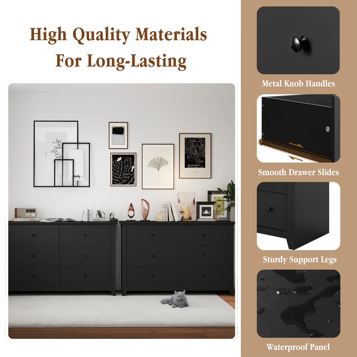 TrumanPick Black Dresser for Bedroom 6 Drawer Double Dresser Wood Wide Chest of Drawers for Living Room Hallway 47″L x 17″W x 33″H