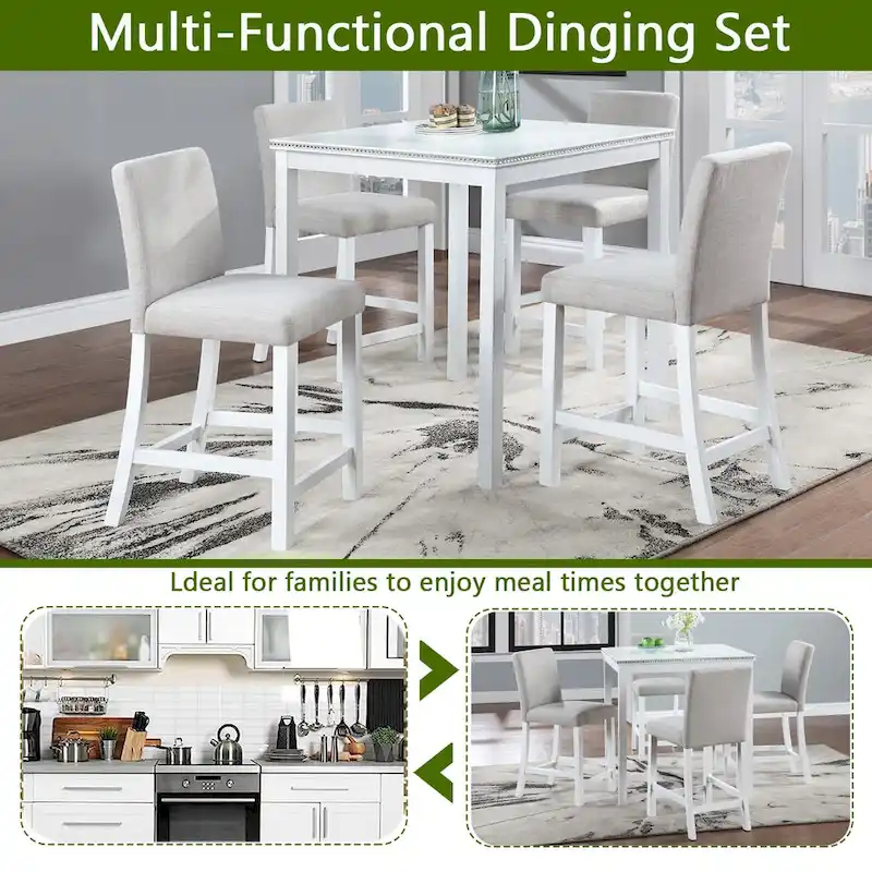 Modern 5-Piece Dining Set with Square Counter Height Table & 4 Upholstered Chairs