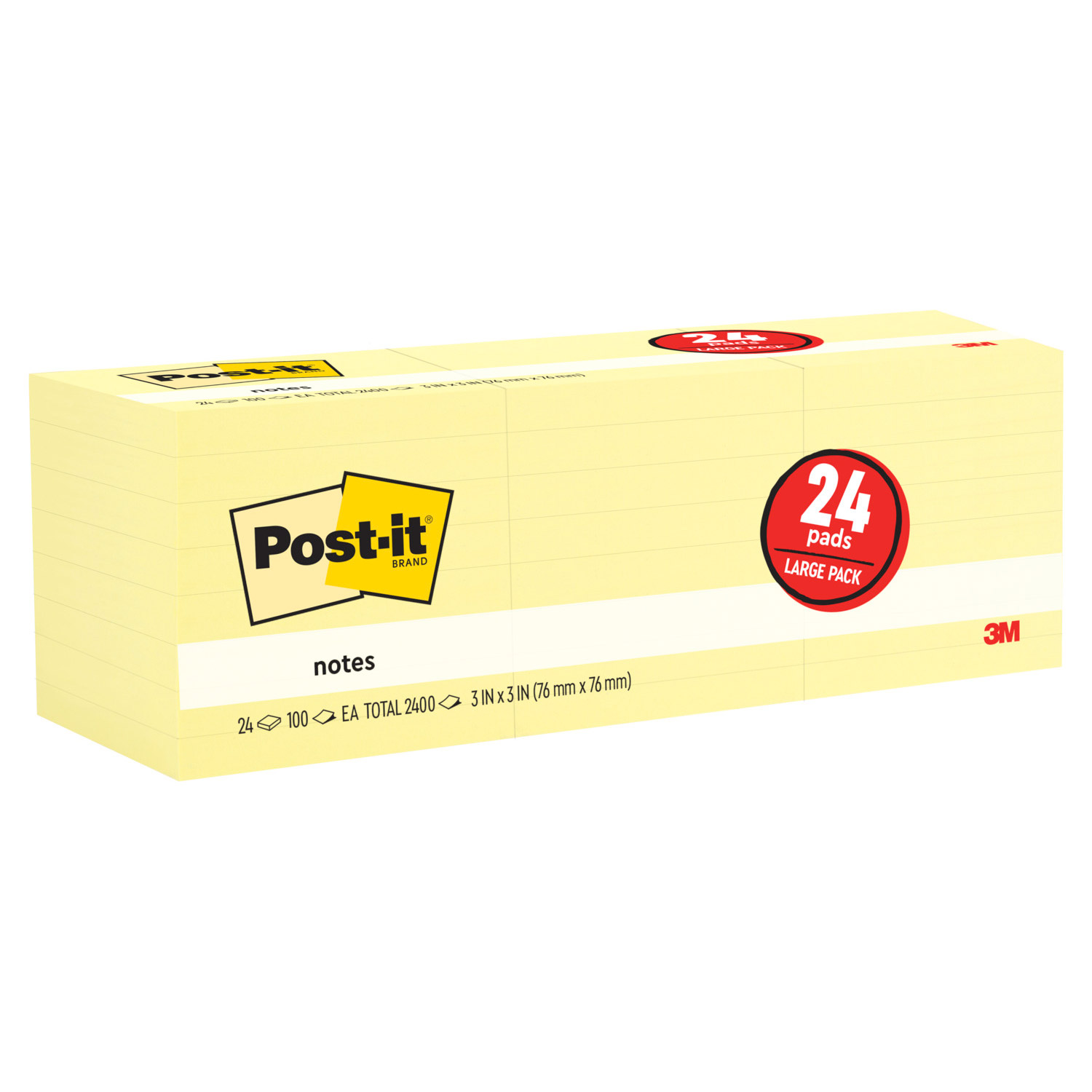 Post-it Notes, Canary Yellow, 3' x 3' 100 Sheets, 24 Pads