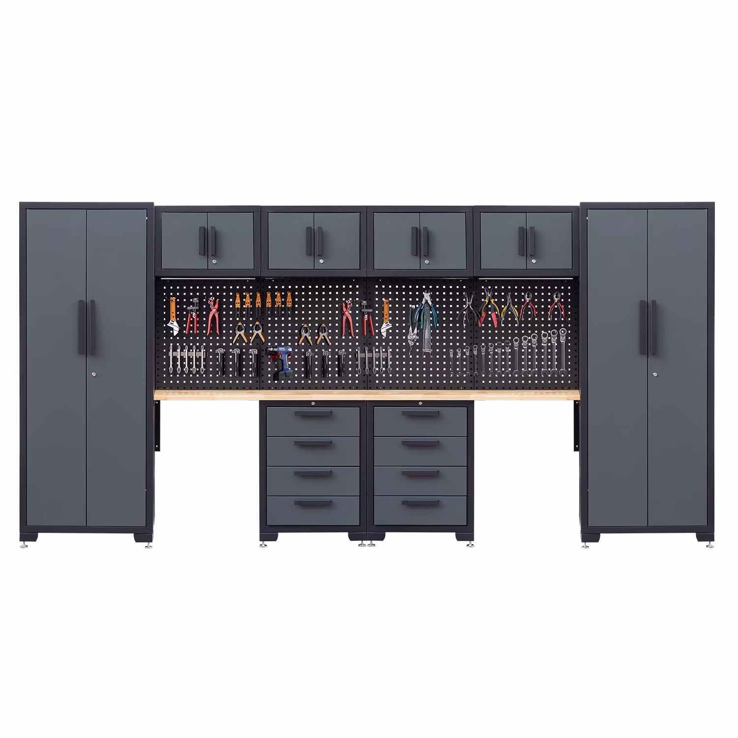 HPDMC 7-Piece Metal Garage Cabinet System With 4-Drawer Roller Cabinet, 47.2 in Workbench And Pegboards