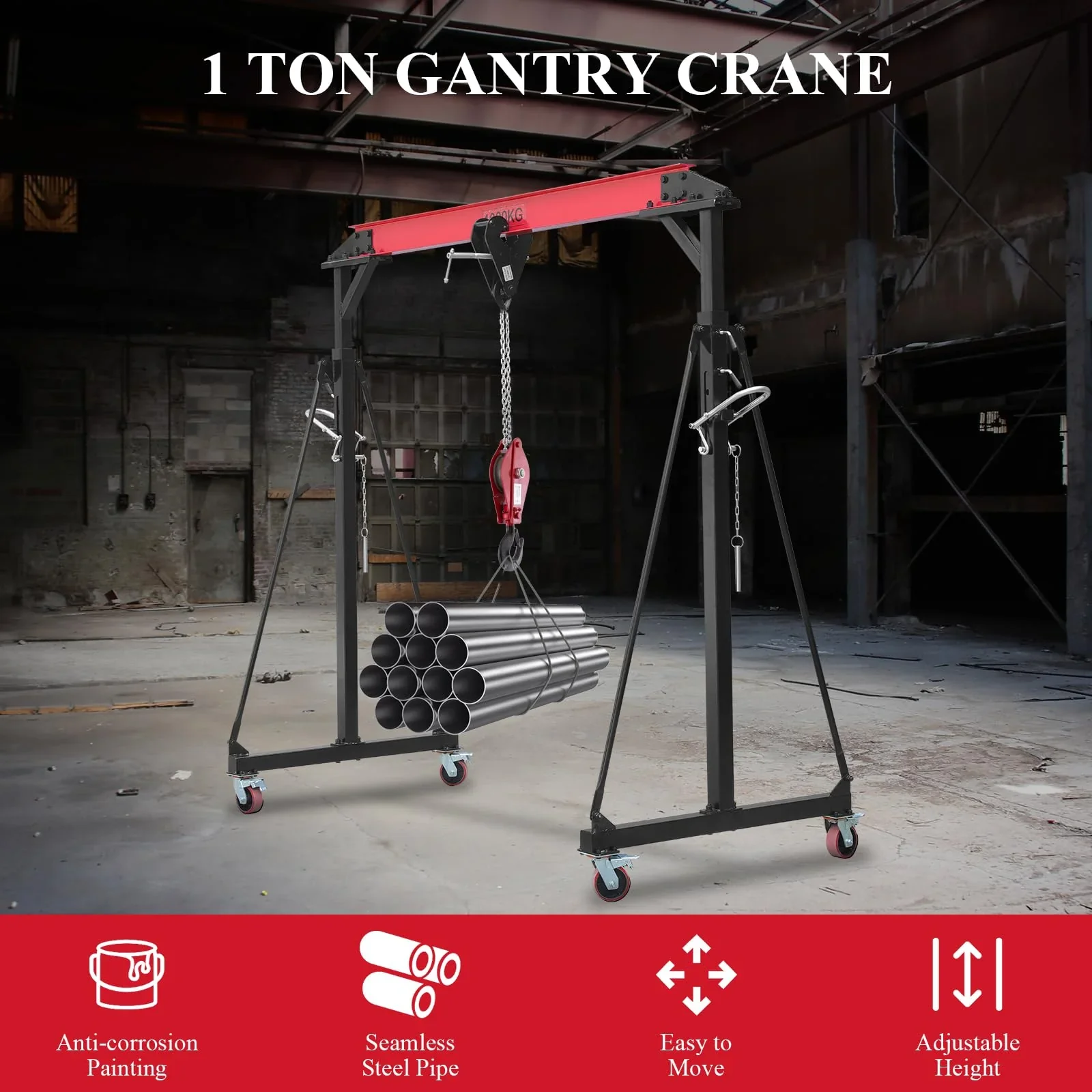 2025  1 Ton Adjustable Gantry Crane, 2200 lbs Capacity, Height Adjustable 96.5"-143.7", Portable Hoist for Factory, Construction, Warehouse, Auto Repair