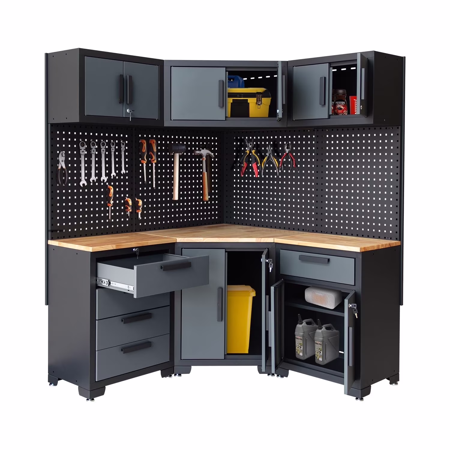HPDMC 7-Piece Metal Garage Cabinet System With 4-Drawer Roller Cabinet, 47.2 in Workbench And Pegboards