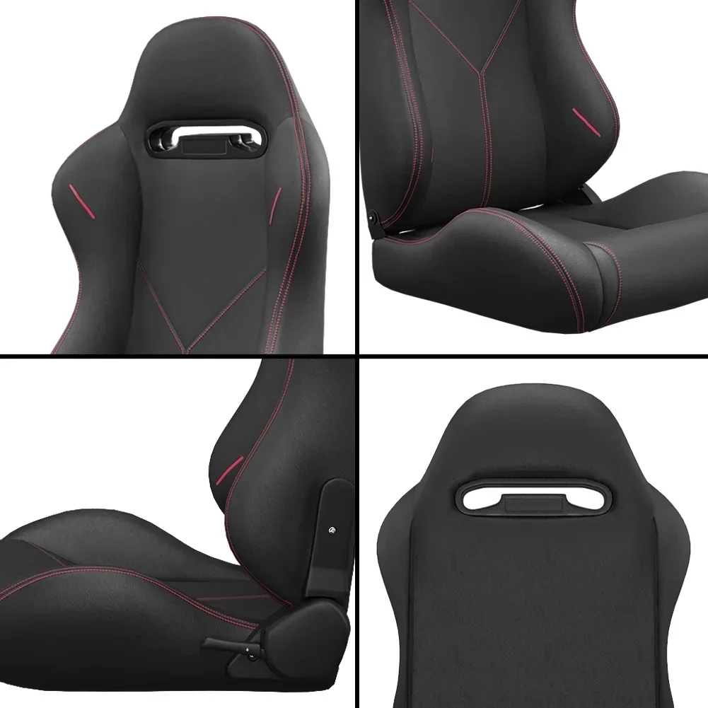 2PC Universal Reclinable Bucket Racing Seats With Adjustor Slider - Red PVC Leather