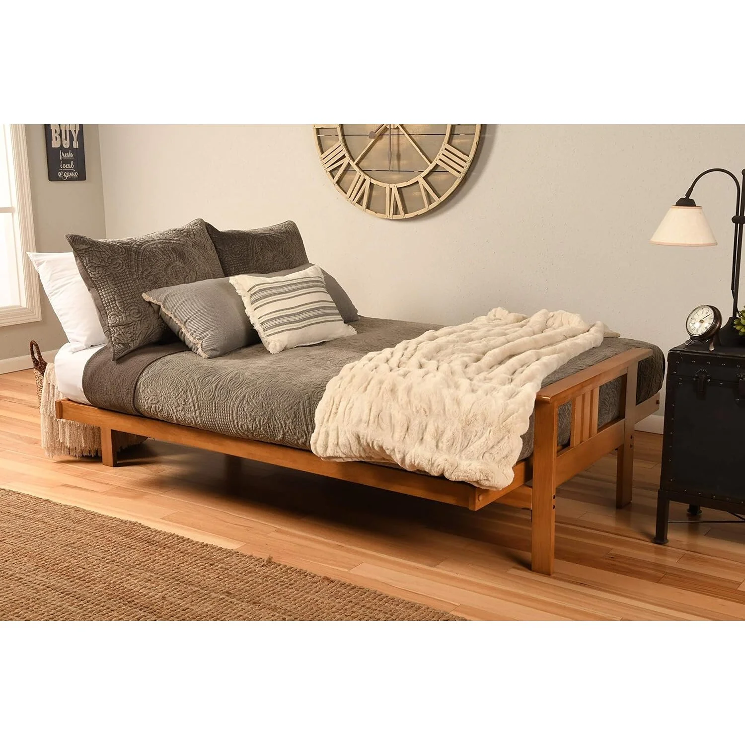 Homestock African Artifacts Full Size Futon Frame Set with Mattress, Easily Converts to Bed, Versatile Design Futon Frame for All Spaces, 33"H x 79"L x 37"D-Color:Linen Charcoal,Size:Barbados