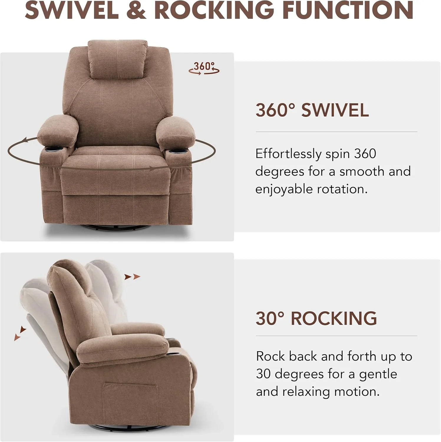 Oversized Swivel Rocker Recliner Chair with Heat and Massage, 360 Degree Swivel Rocking Single Sofa with Cup Holders and USB Port, Large Big Recliner Chair for Living Room (Leather, Brown)
