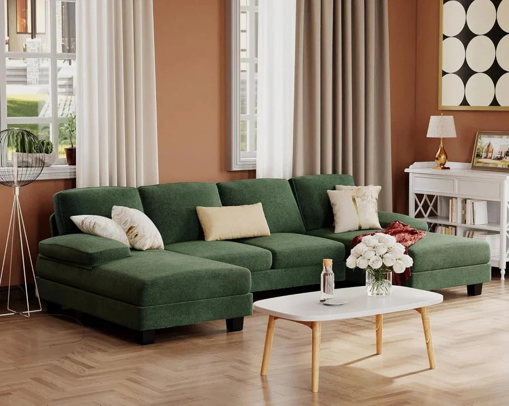 Furmax Sectional Couches for Living Room, U-Shaped Sofa Couch with Linen Fabric, 4 Seat Sofa Set with Double Chaise for Apartment (Fabric, Grey)