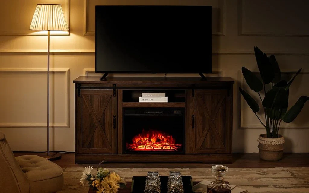 AMERLIFE Fireplace TV Stand with Sliding Barn Door for TVs up to 73", Farmhouse 63" Fireplace Entertainment Center with Storage Cabinets/Adjustable Shelves