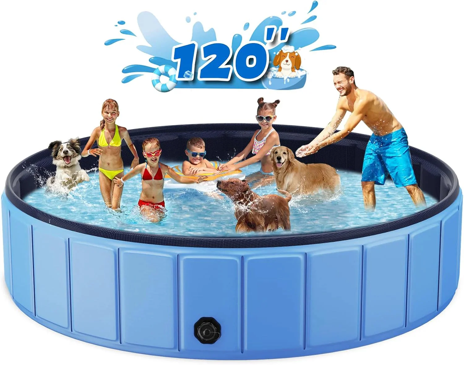 Foldable Dog Swimming Pool, 120″x20″ Oversize Collapsable Hard Plastic Potable Bathing Tub for Pet Dog Kiddie Pool Indoor and Outdoor Leakproof PVC Play Pool for Large Dogs Pets Puppy Kids Blue